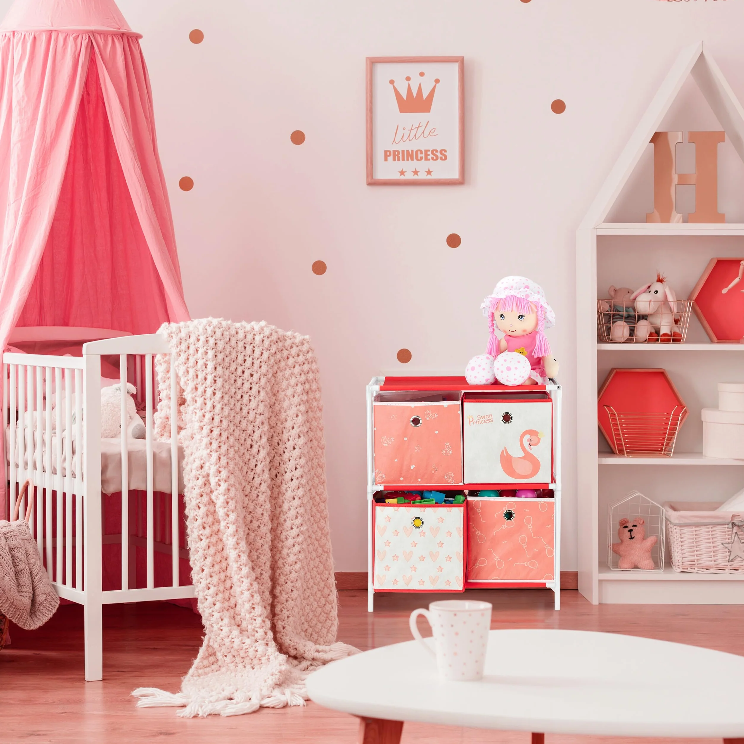 Relaxdays Kinderregal mit 3 Boxen, Spielzeug, Mädchen, Schwan-Design, Regal Kinderzimmer, HBT 89 x 27,5 x 30 cm,weiß/rot