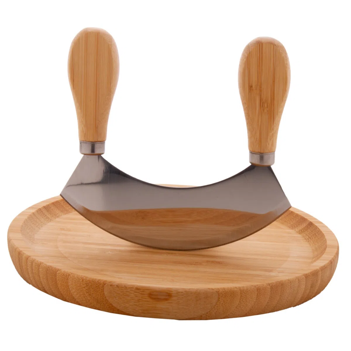 noTrash2003 Wiegemesser mit Brett - beidhändiges Kräutermesser mit Holzgriffen und einschneidiger Klinge für Kräuter und Gewürze mit Holzteller mit Mulde