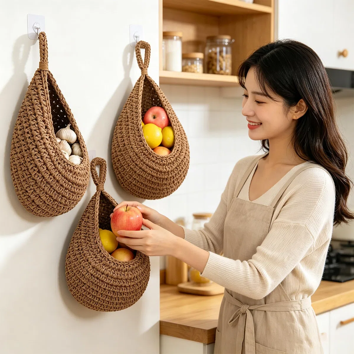 Obstkorb Hängend Wandkorb, Hängekorb 3 Stück | Hängekörbe, Obstkorb Hängend, Hängender Obstkorb, für Küchendekoration, Wohnzimmer, Bad, Obstkorb Hängend Jute, Braun
