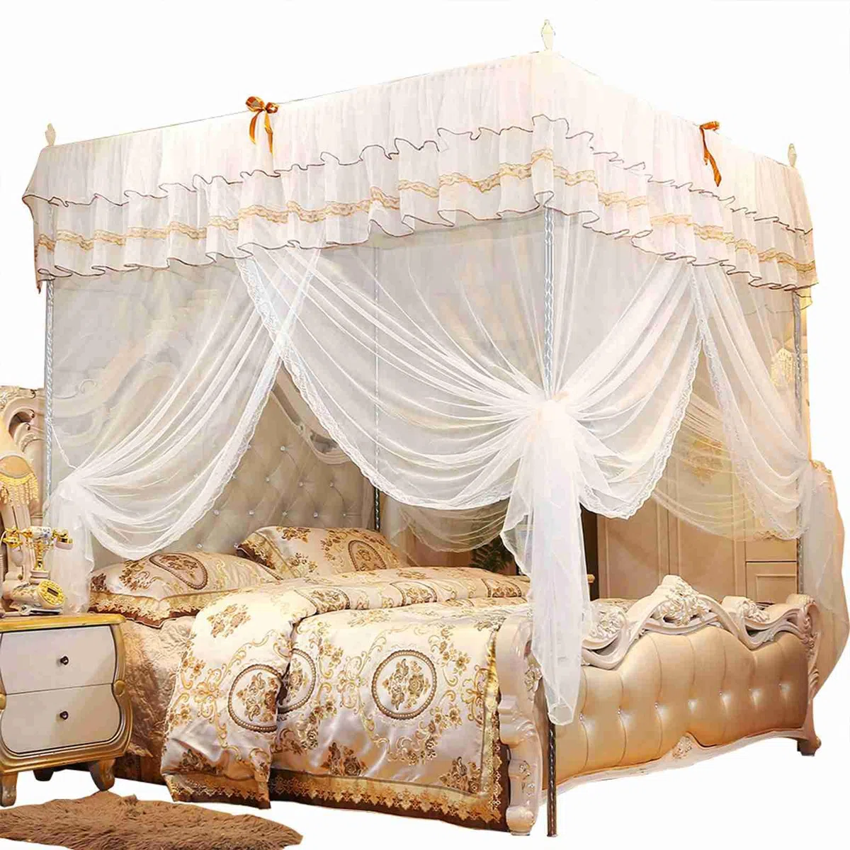 Vier-Eck-Moskitonetz, Schönes Spitzendesign, Einfacher Zugang für Damen, Schlafzimmer-Dekoration, Robustes Polyester-Material (180 * 200 * 200)