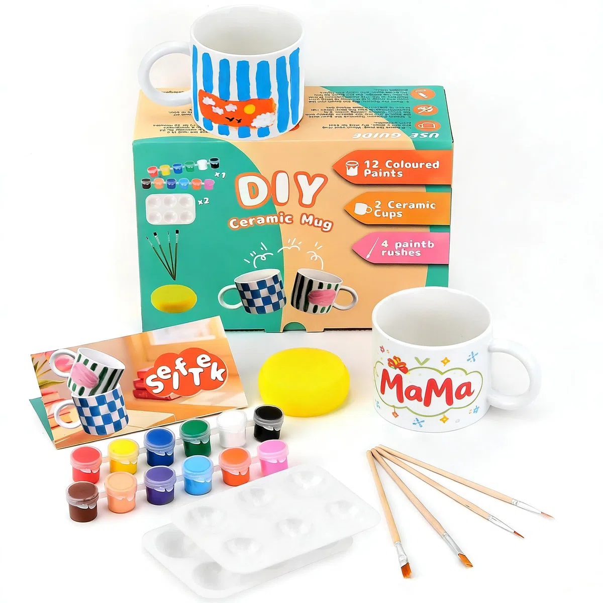 SelfTek DIY Keramik Bemalen Set - Tassen zum Bemalen Kreativ Set für Erwachsene mit 2 Tassen, 12 Farben, 4 Pinsel, 2 Palette, Malinspirationen, Geschenk für Freund Familie Lieber