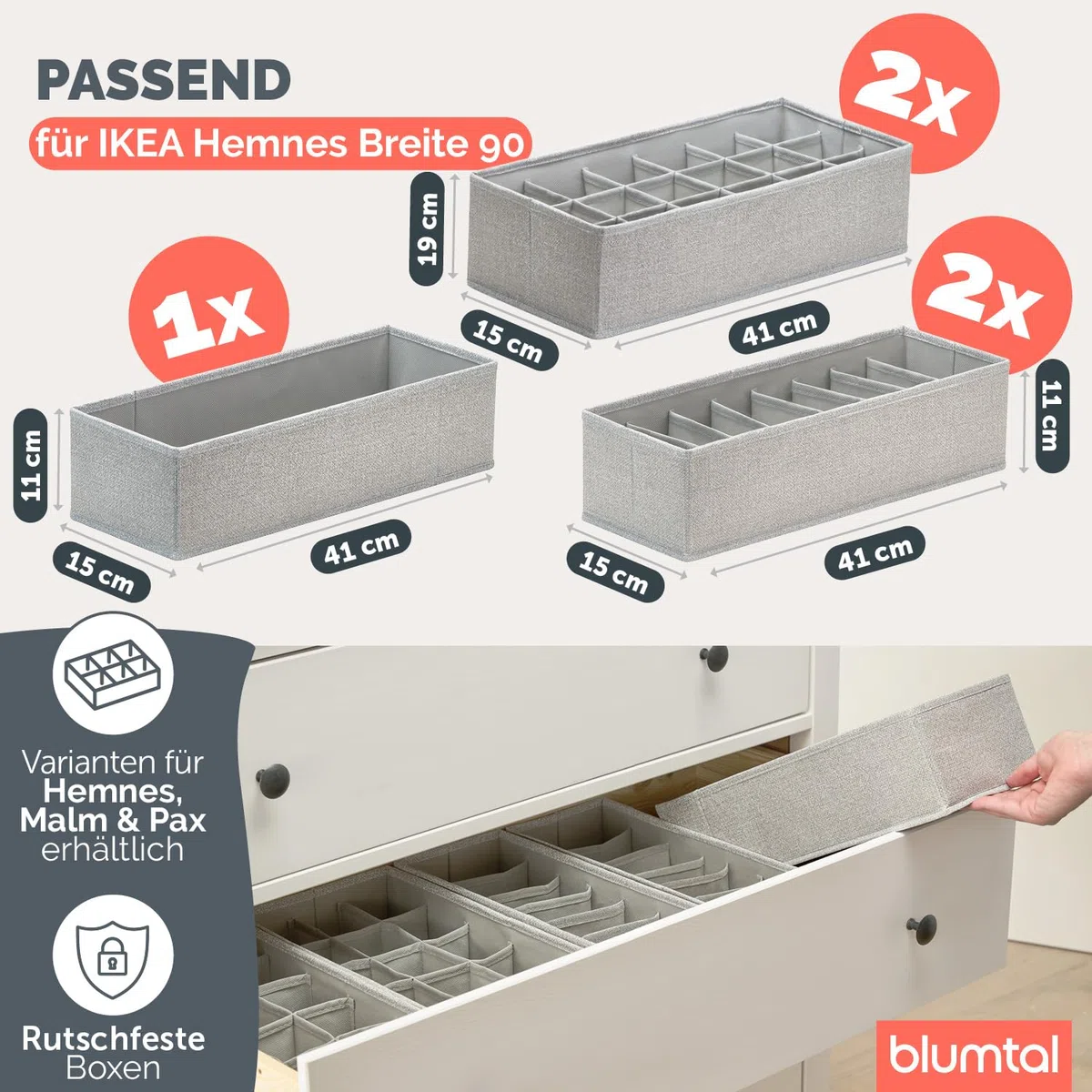 Blumtal Organizer Ordnungssystem Kleiderschrank 5er Set passend für HEMNES - 5 versch. Kleiderschrank Organizer für HEMNES Kommoden - Faltboxen für BHs, T-Shirts - Socken Aufbewahrung - Organizer Grau