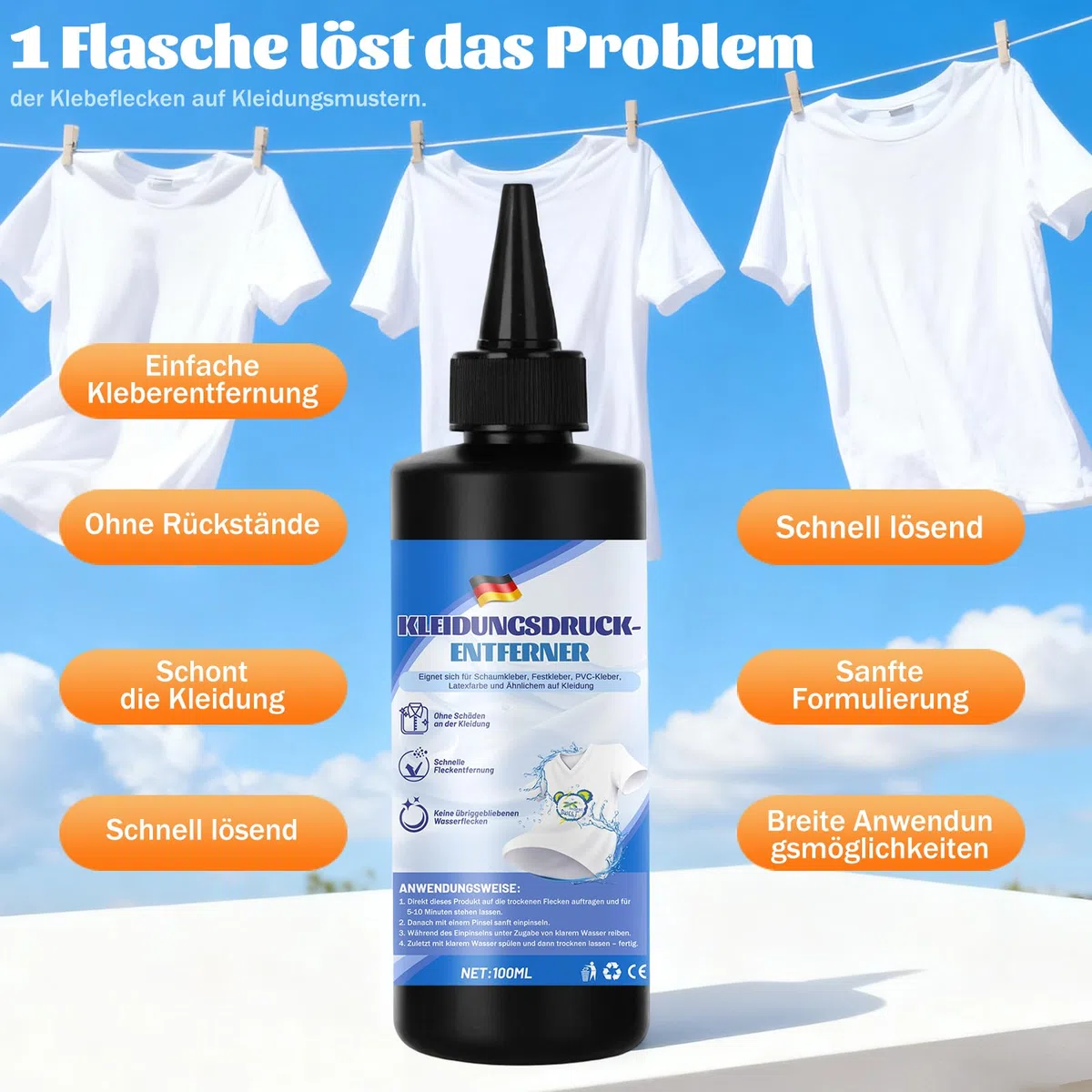 Flexentferner, Flockentferner Entferner Cleaner – Lösungsmittel zum Entfernen von Flex & Flock, Mit Schaber aus Kuhknochenimitat & Pinzette, Schonend für Textilien, 100ml