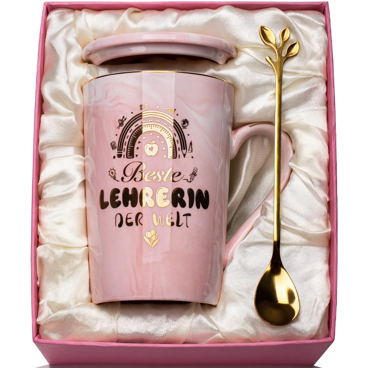 Abschiedsgeschenk Erzieherin, Abschiedsgeschenk Lehrerin, Tasse - Geschenk Erzieherin Abschied Lehrerin Geschenk Marmor Keramiktasse 400ml, mit Goldaufdruck, Deckel, Löffel, Grußkarte, Geschenkbox