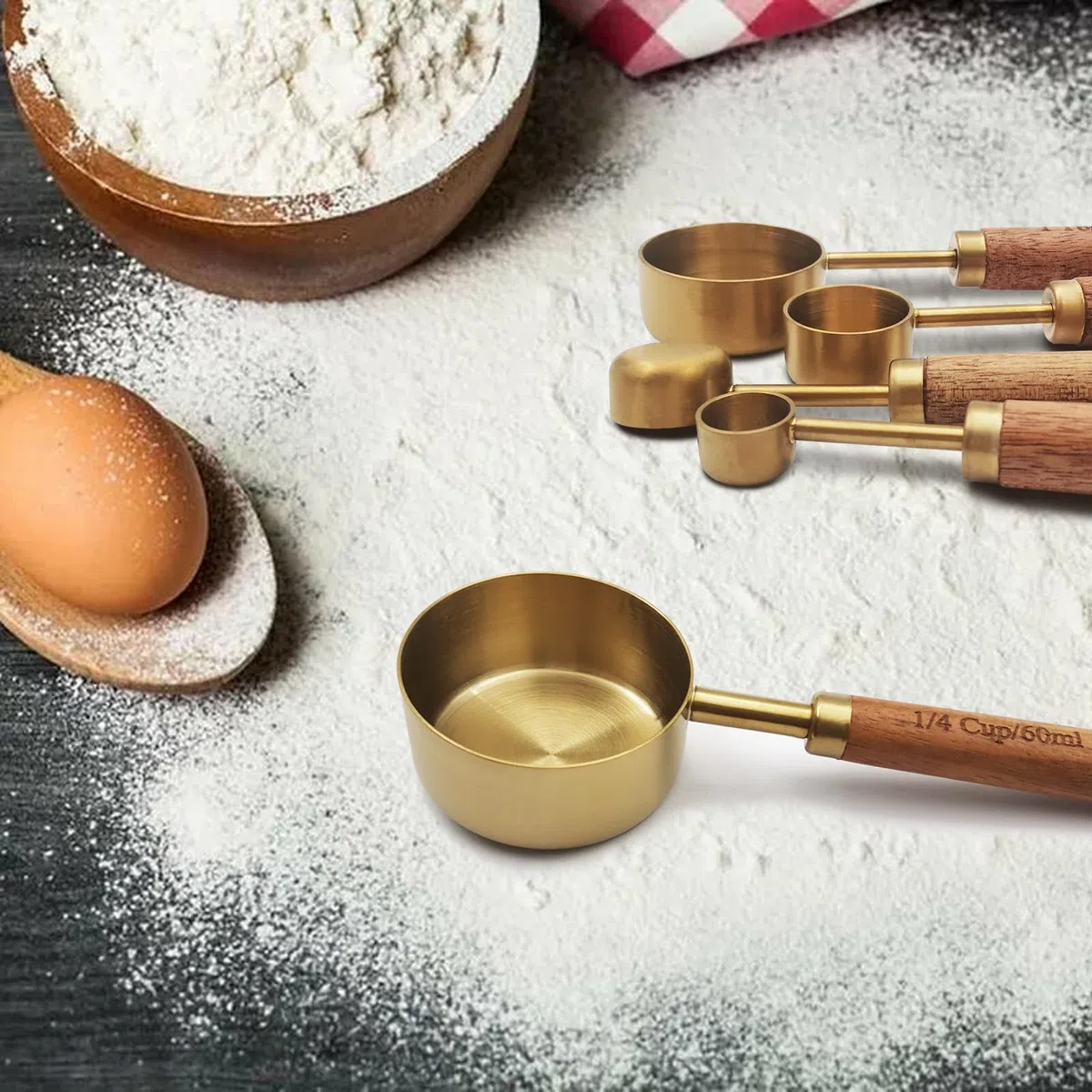Messbecher und MesslöFfel, Premium Edelstahl,8 Stück, Holzgriff, Mit Metrischen und US MaßEn, Trockener & FlüSsiger Messbecher