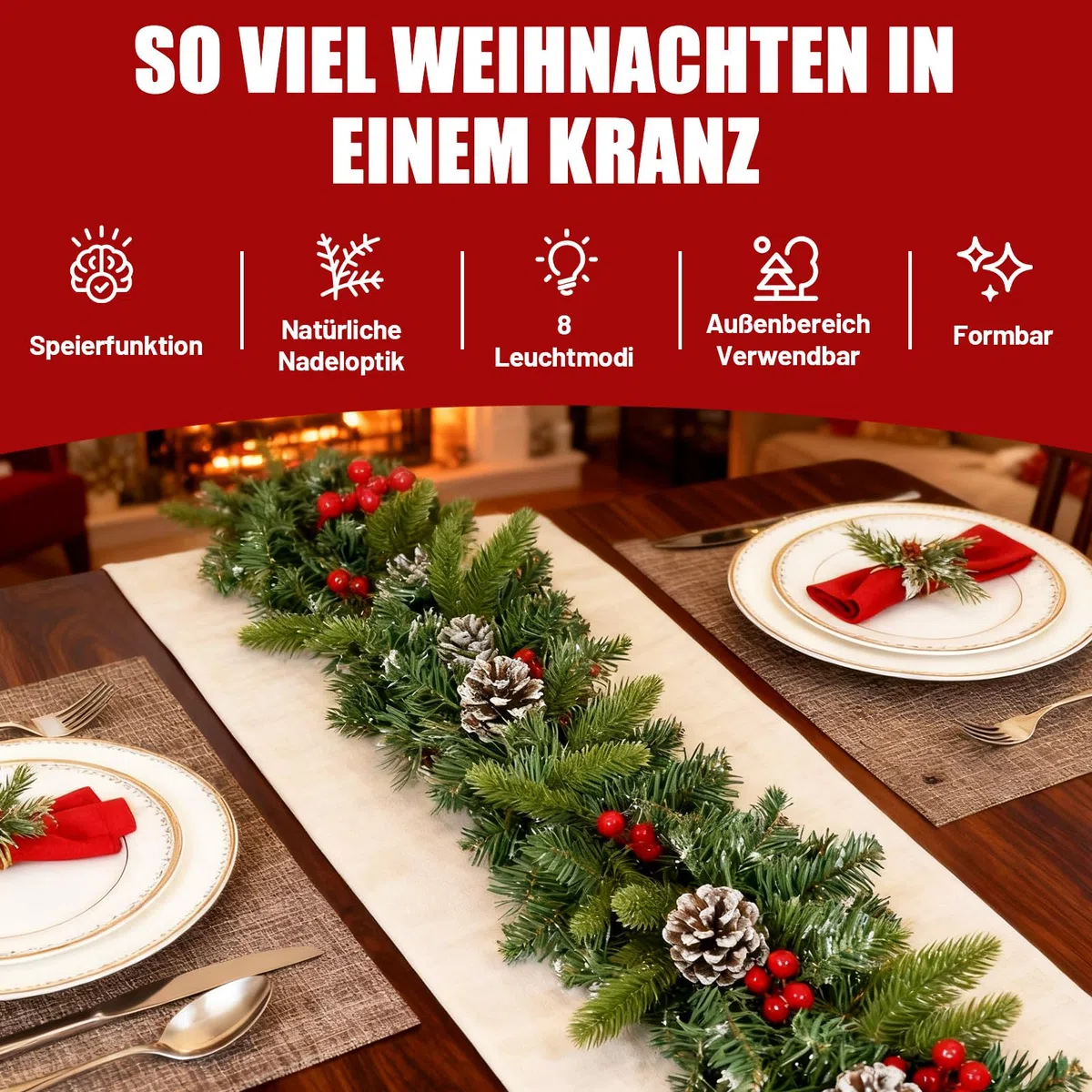 Weihnachtsgirlande mit Beleuchtung 5m 100 LEDs, Tannengirlande, Girlande Weihnachten mit Tannenzapfen Rote Beere, 8 Lichtmodi, Weihnachtsdeko Girlande für Treppen Kamin Haustür (PE-Zweige)