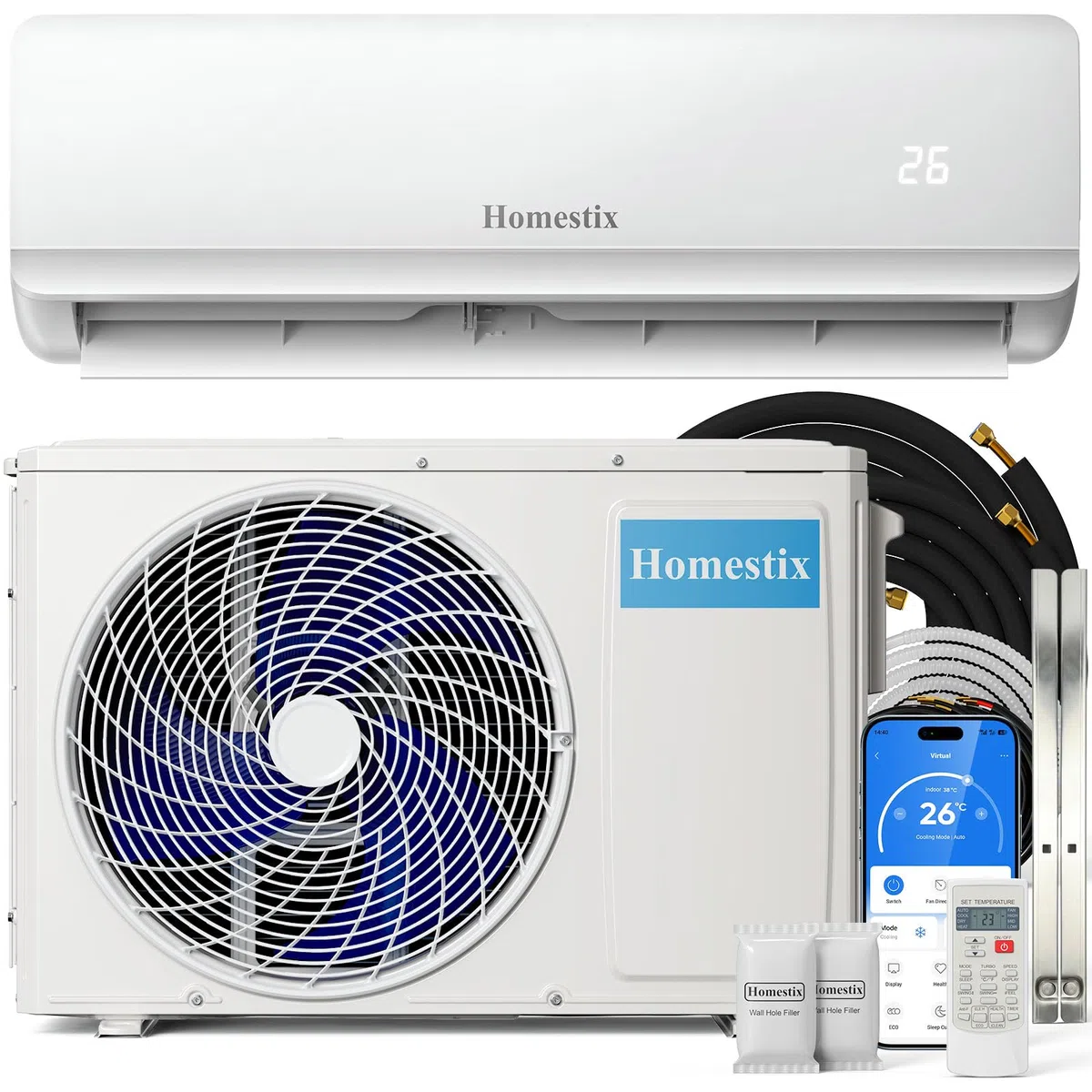 Split Klimaanlage 12000 BTU，4-in-1-Kältegerät mit Heizen, Kühlen, Entfeuchten und Lüften, bis75 m², ultraleise, Fernbedienung & APP, 24h-Timer/Schlaf/ECO-Energiesparmodus, inkl. Montagematerial