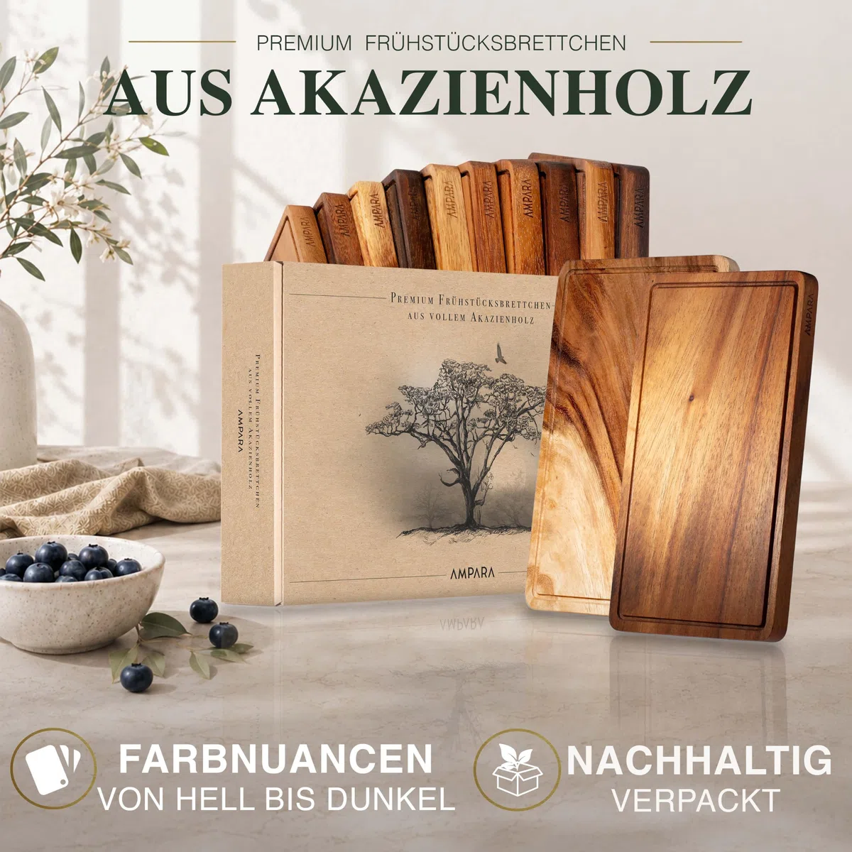 Frühstücksbrettchen Holz - 25x15cm – Hochwertige Akazie am Stück – Langlebiges Holzbrettchen | Vesperbrett (2er Set)
