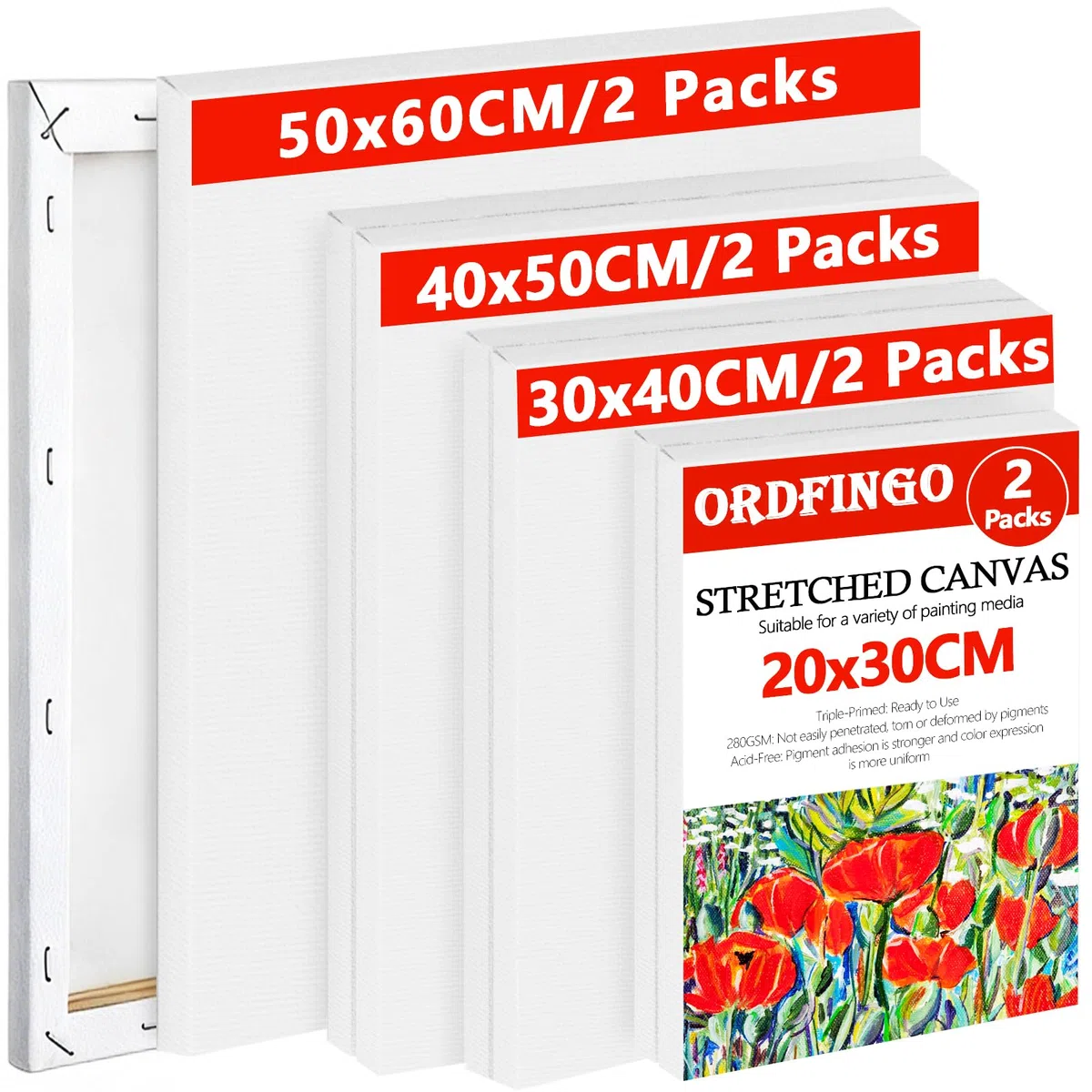 Leinwand zum Bemalen, 8 Stück 280g/m² groß keilrahmen Leinwände Set（50x60, 40x50, 30x40, 20x30cm), Weiß Canvas für Ölgemälde, Acrylfarben, Aquarell, Gouache