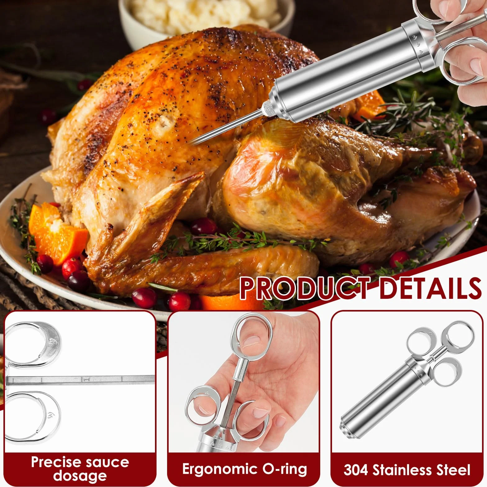 Edelstahl Fleischspritze, Marinadenspritze Kit mit 3 Marinierspritze Nadeln und 2 Reinigungsbürste, Spritze für Fleisch 60 ml/2 oz Bratenspritze Gewürzspritze für Rind Huhn Marmelade zu Befüllen
