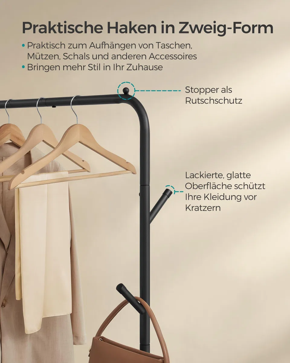 SONGMICS Kleiderständer auf Rollen, Kleiderstange, Garderobenstange, Garderobenständer aus Stahlrohren, bis 50 kg belastbar, 103,5 cm breit, multifunktionale Aufbewahrung, schwarz HSR131B01