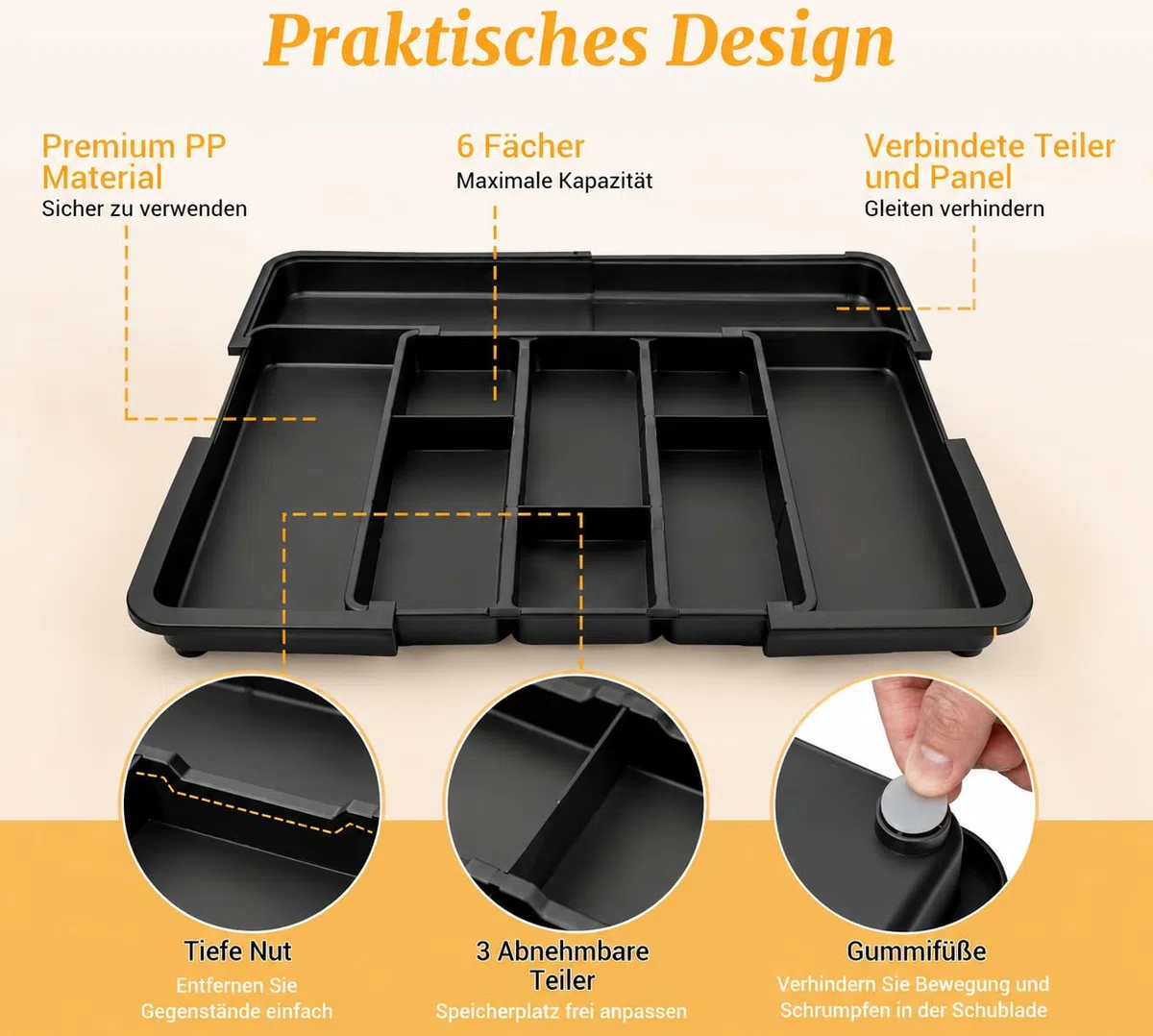 Besteckkasten für Schubladen, Besteckeinsatz Schubladen Organizer Küche, rutschfest & wasserdicht, BPA-frei,6 große Fächer platzsparend & erweiterbar 33.5*36.8 bis 48.2*55.8 cm, robust & hochwertig