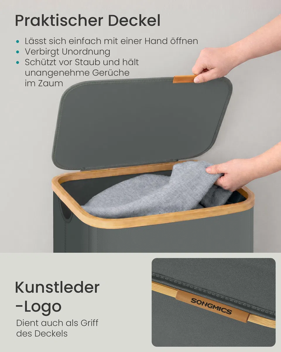 SONGMICS Wäschekorb mit Deckel, Wäschesammler platzsparend, Oxford-Gewebe, zusammenklappbar, Bambusrahmen, für Waschküche, Schlafzimmer, Wohnzimmer, 40 L, 42 x 32 x 30 cm, schiefergrau LCB516GN01