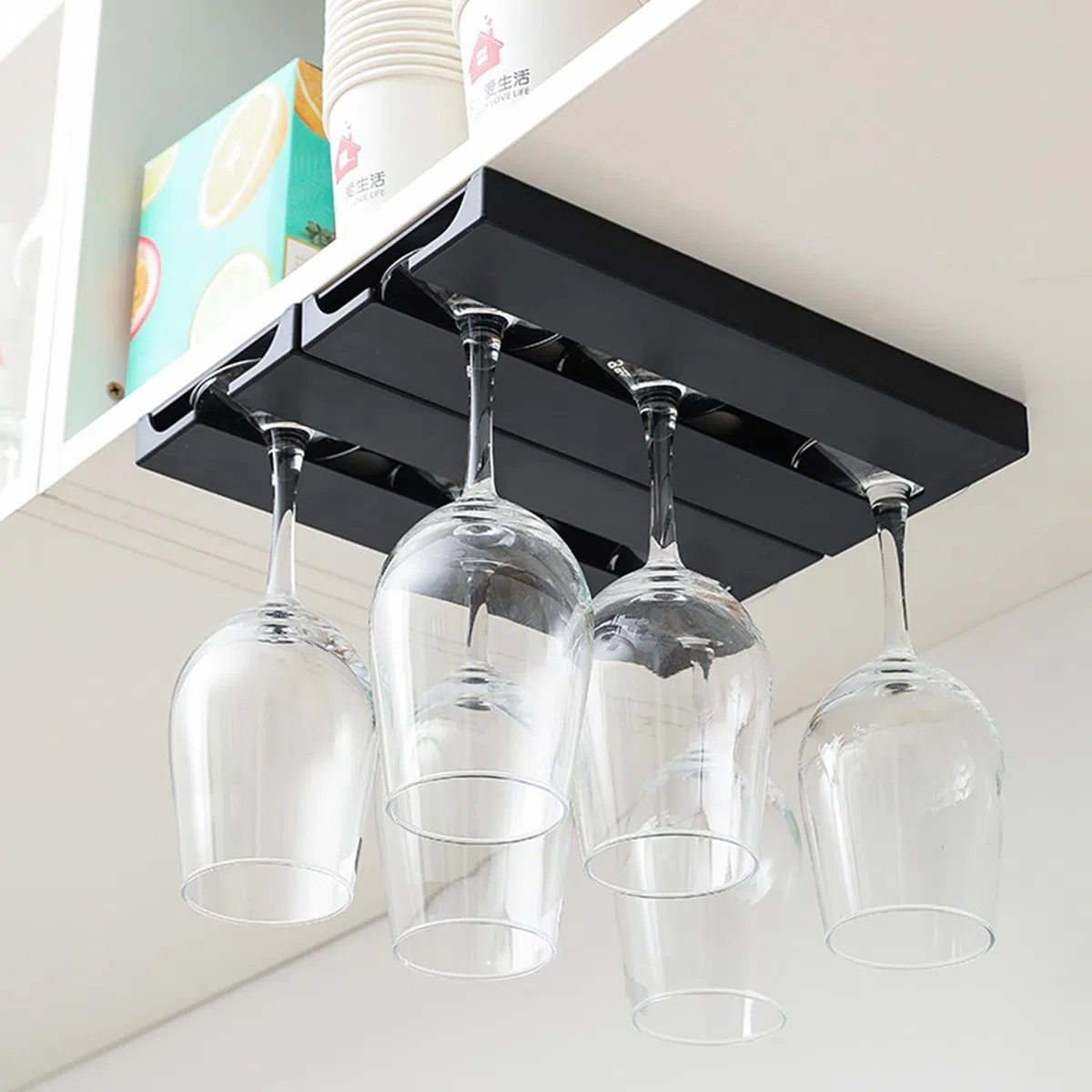 2 Stück Hängender Weinglashalter, Schrank Weinglashalter, Stemware Rack Weinglashalter, Stemware Racks, Kein Stanzen Weinglashalter, für Familie Restaurant Hotel Bar (Schwarz)