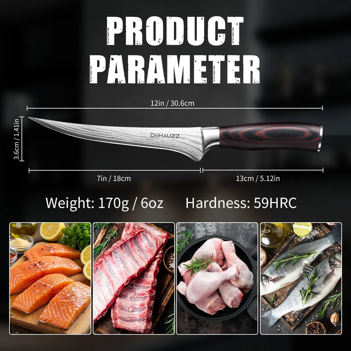 DiiHAUZZ 18 cm Filetiermesser, Profi Ausbeinmesser aus hochwertigem 5Cr15MoV Hochkohlenstoff-Edelstahl, Scharfes Fischmesser mit Ergonomischem Pakkaholzgriff, Fischfiletiermesser für Hobbyköche&Profis