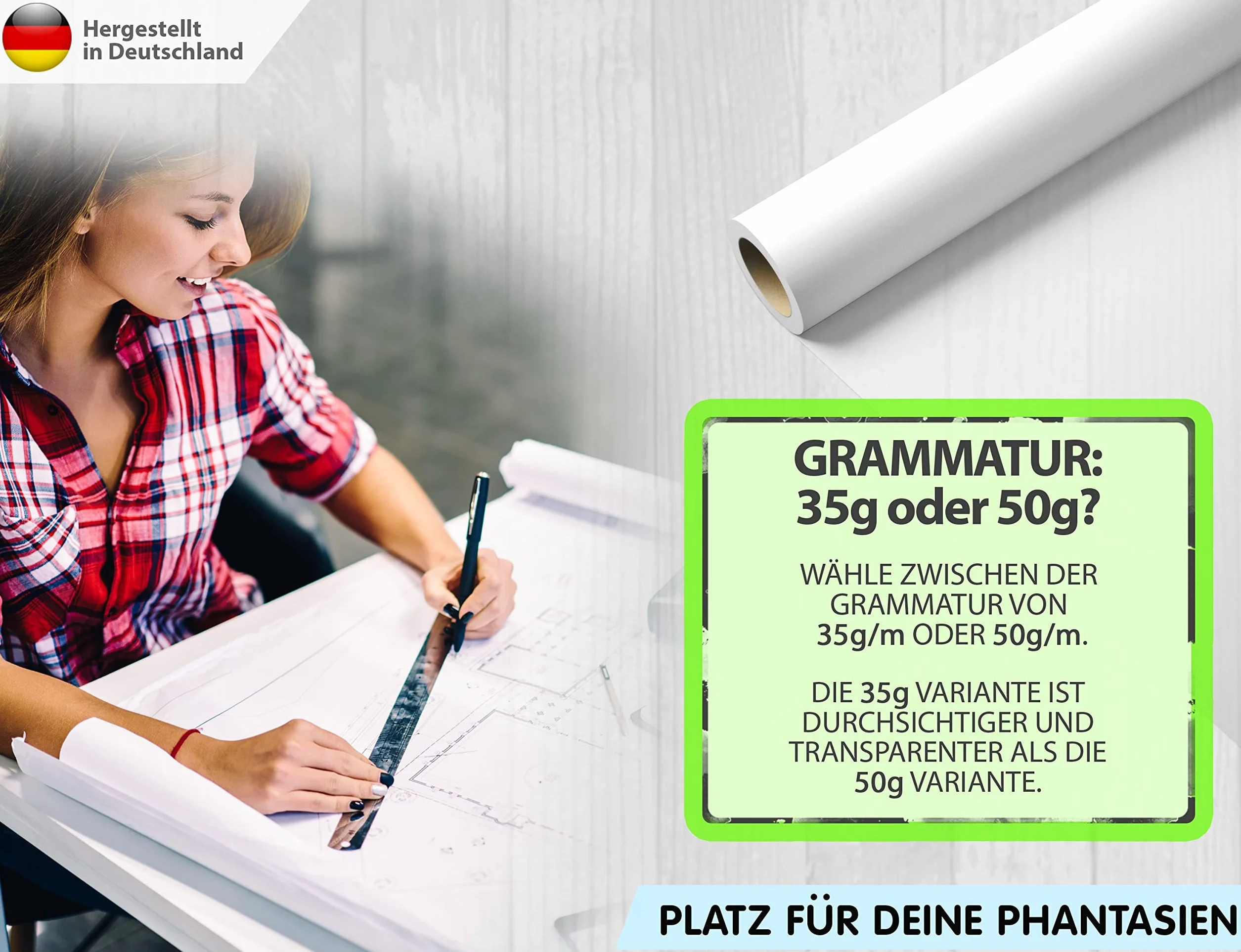 ELES VIDA Schnittmusterpapier Rolle 42 cm x 50 Laufmeter 35g /m – Premium Blanko Transparent Papier Rolle – Zeichenpapier, Schnittmuster zum Nähen für Schneider, Papierschnittmuster