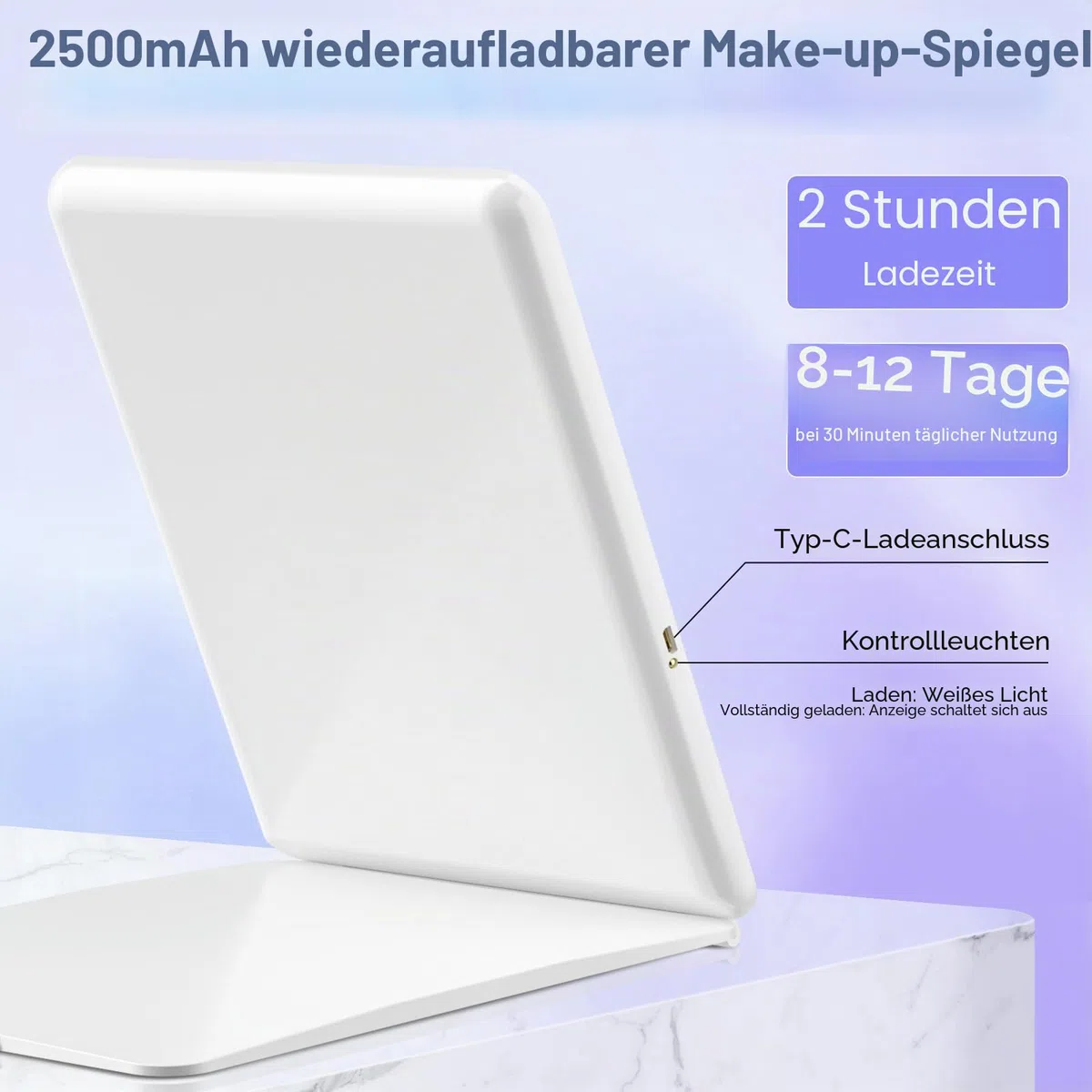 FUNTOUCH Kosmetikspiegel mit Beleuchtung, 1X 10X Spiegel Vergrößerung, 2500 mAh USB Aufladbarer Beleuchteter Reisespiegel, 3 Farben Winstellbarer Led Schminkspiegel, Make up Spiegel für Reisen (Weiß)