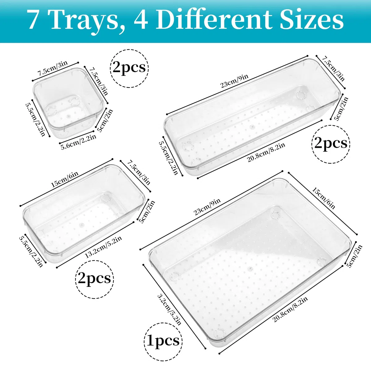 7-teiliges Schubladen-Organizer-Set, Make-up-Organizer-Tablett für Schubladen, transparentes Kosmetik-Behälter-Tablett für Büro, Schlafzimmer, Küche, Schmuck und Gadgets