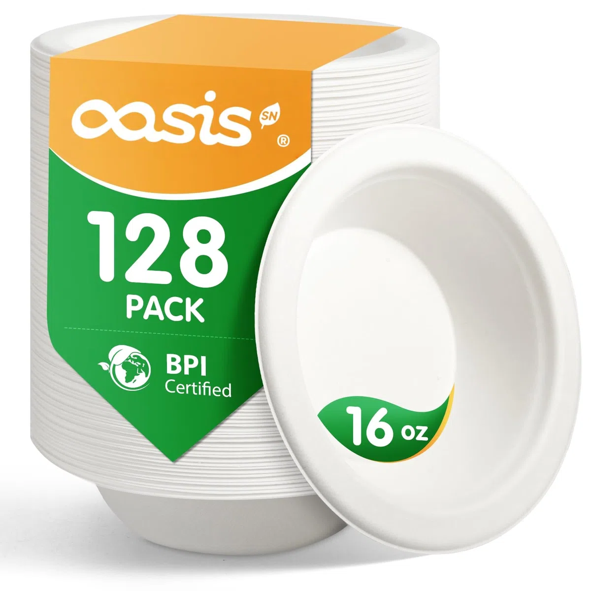 Kompostierbare Papierschüsseln, robust, biologisch abbaubar, aus Bagasse, umweltfreundlich, mikrowellen- und gefriergeeignet, 473 ml, 128 Stück (BPI-zertifiziert)