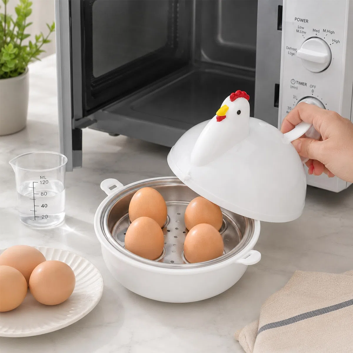 Mikrowellen Eierkocher 4 Eier, Aluminium Dampfgarer Frühstückshelfer | Mikrowellen Eierdämpfer in Hühnerform, dampft 4 Eier schnell. Küchenhelfer für einfache Frühstückseier tägliche Küchenarbeit