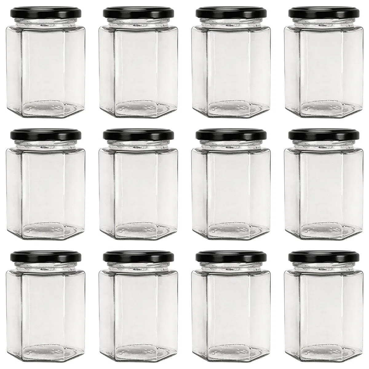 270 ml Sechseckige Gläser mit Schwarzem Deckel, 12 Pack 9 oz luftdicht Einmachgläser, Lebensmittel Lagerung Gläser für Gewürz, Marmelade, Honig, Joghurt, mit 40 Aufkleber,1 Stift