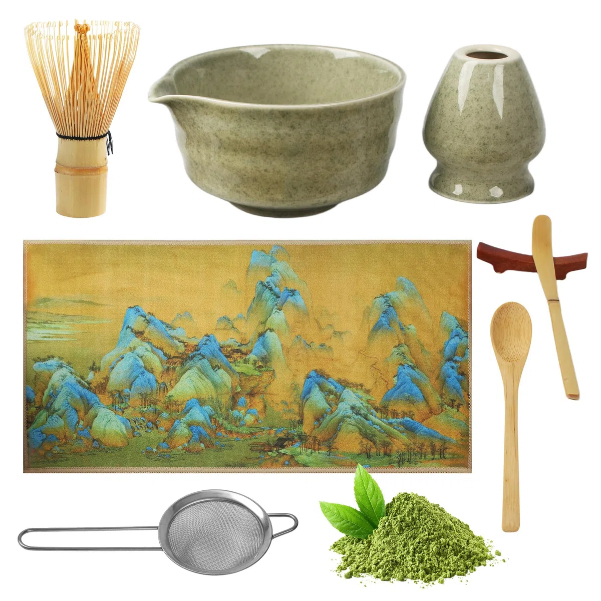 Matcha-Set,8 Piece Matcha Besen Set,Matcha Schale mit Auslauf Japanisches Matcha Tea Set Matcha Besenhalter, Sieb, Schaufel, Tea Set,Teetuchunterlage,Für Teeliebhaber Anfänger