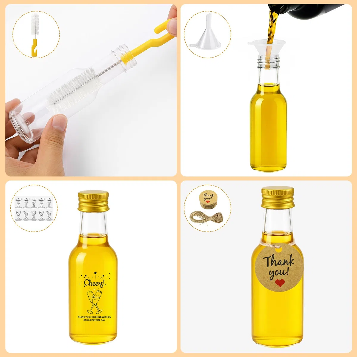 46 Stück 25ml Kleine Flaschen zum Befüllen, Mini Flaschen zum Befüllen Kunststoff, Kleine Likörflaschen mit Deckel Trichter Etikett, Wiederverwendbare Schnapsflaschen für Hochzeiten Party