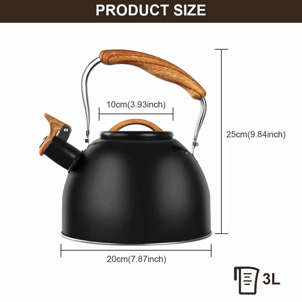 Flintronic Wasserkessel, 3L Edelstahl Pfeifkessel, Flötenkessel mit Holzmasergriff, Teekessel für alle Kochplatten, Wasserkocher Teekocher für Tee & Kaffee