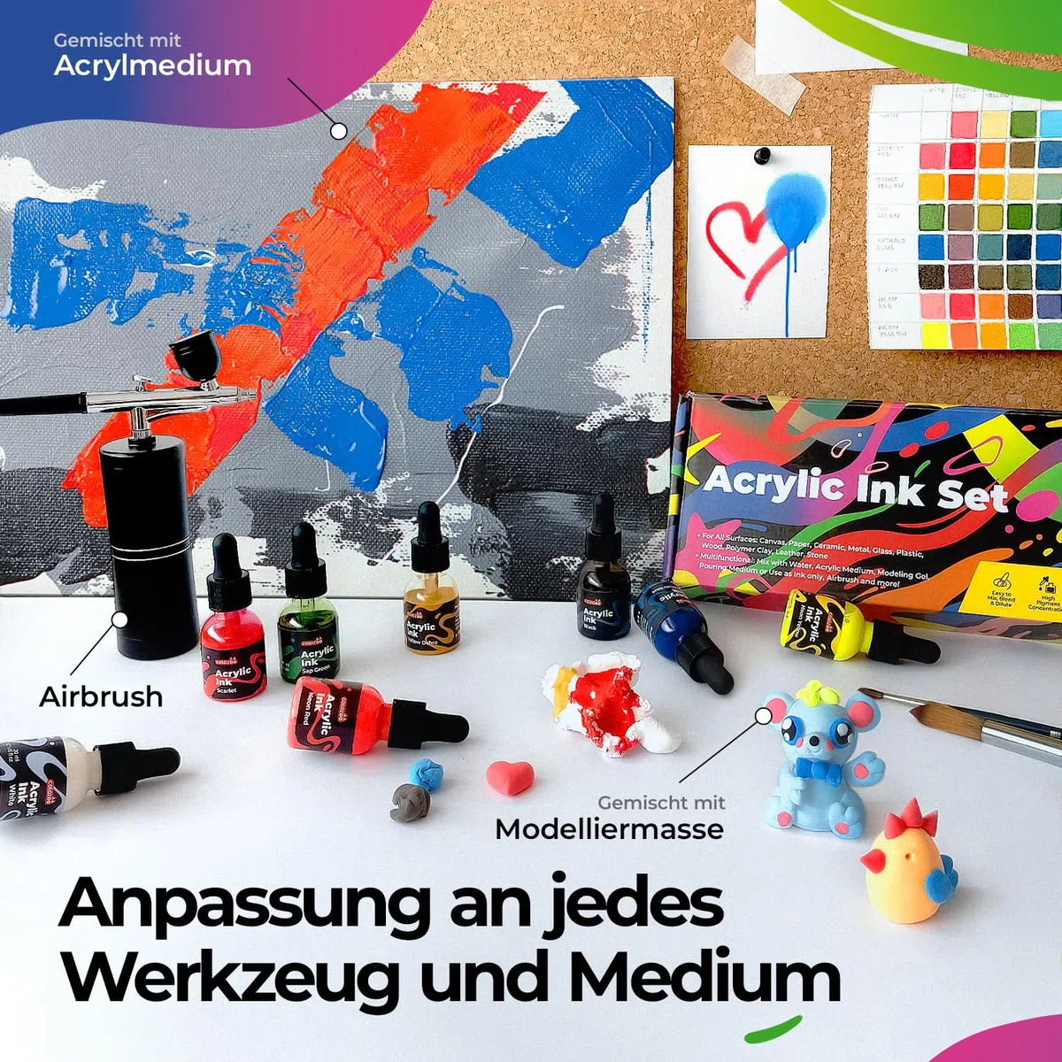 Colozoo 8x20ml Acrylic Ink Set, Permanent, Wasserfeste, Acryltinte inklusive 6 Primärfarben & 2 Neon Farben, Flüssige Acrylfarbe für Airbrush, Gießkunst, Acrylmedium, Acryl Ink für Alle Oberflächen