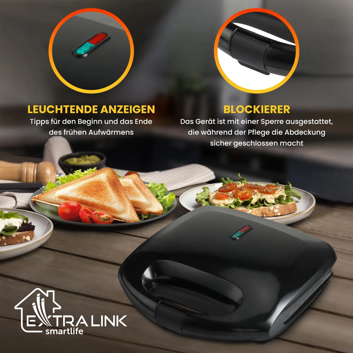 Extralink Sandwichmaker, Toaster Sandwichtoaster 750W - Sandwichtoaster mit Rutschfesten Füßen, Isoliertem Griff, Kontrollleuchten, Antihaftbeschichtung, leicht zu reinigen, dreieckige Toast