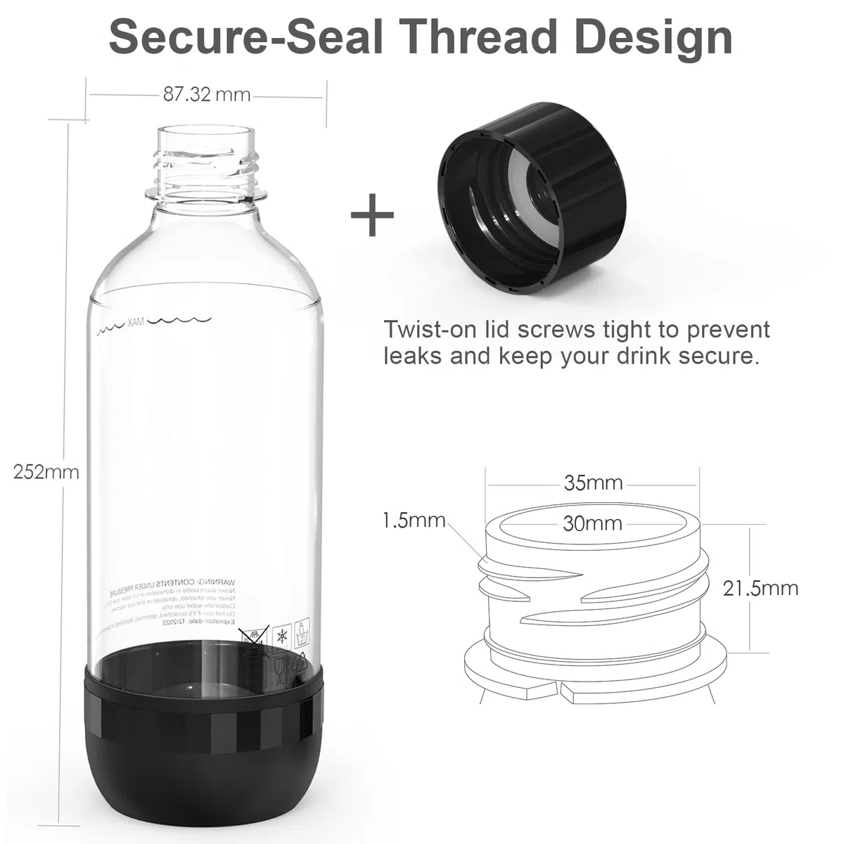 2er Set Sodaflaschen 1 Liter BPA Frei PET Schwarz und Weiss Wiederverwendbare Sprudelflaschen Kompatibel mit Sodamaschine und Wassersprudler