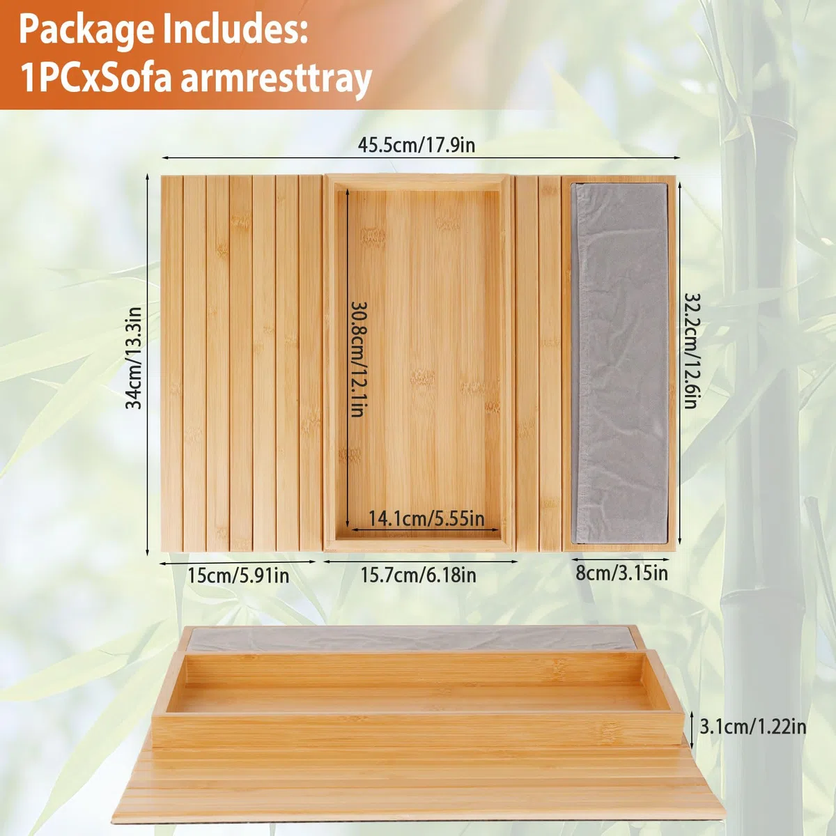 Faltbares Sofatablett Armlehne, Bamboo Couch Tablett Ablage mit Anti Rutsch Kissen, Mit Einer Aufbewahrungstasche Couch Armlehnentisch für Snacks Handy Tassen (45.5 x 34cm)