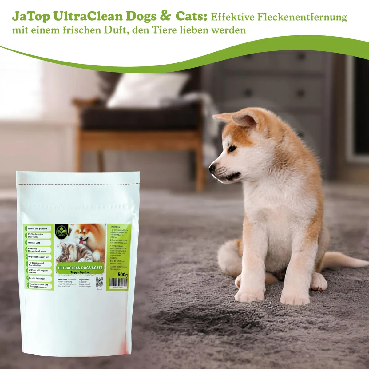 UltraClean Cats & Dogs Teppichreiniger Pulver zum Absaugen, Teppich Reinigungsmittel Pulver, Teppichpulver zum Reinigen von 10-15qm Teppichboden, 4 x 500g + Fleckenspray 250ml
