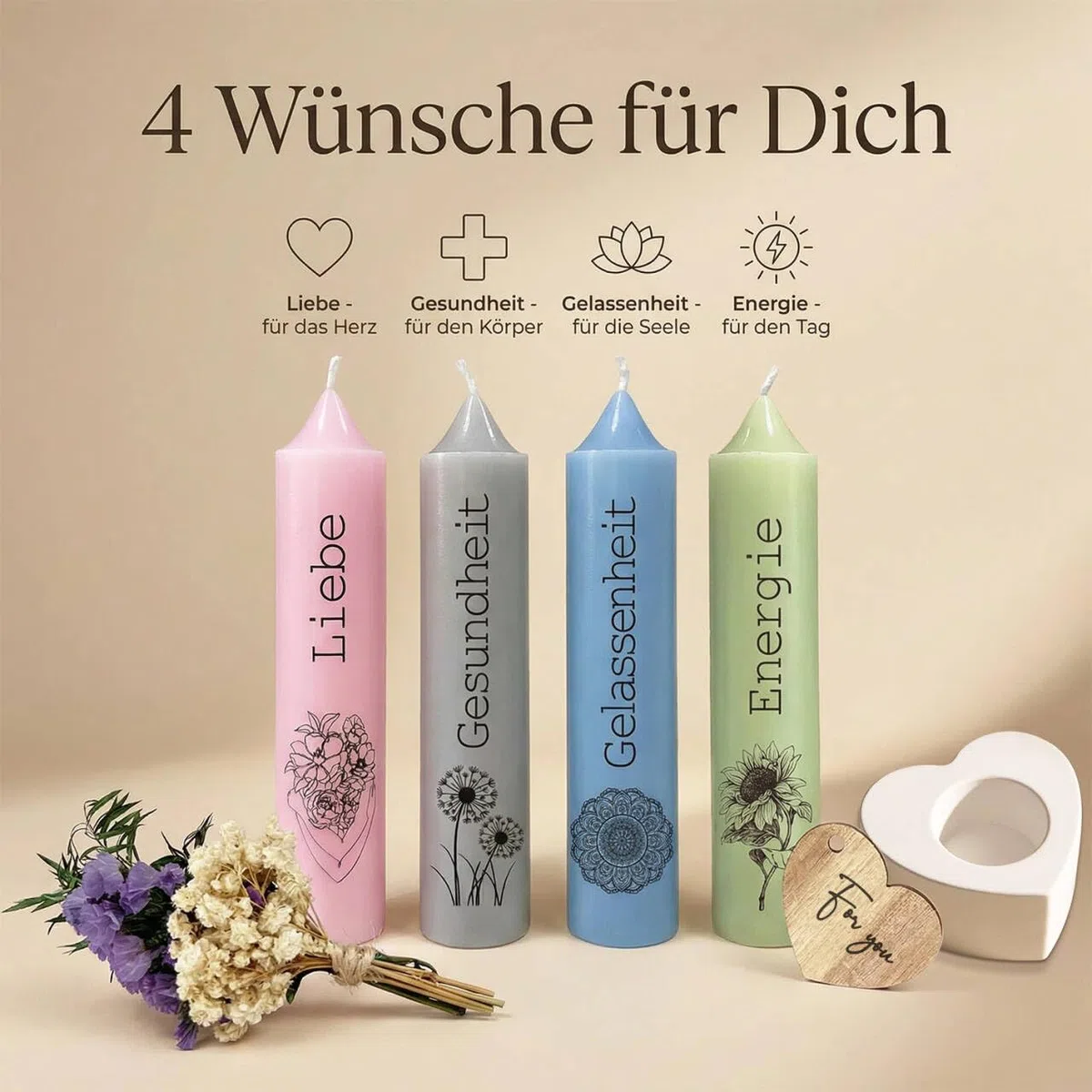 Kerzen Geschenkset Geburtstagsgeschenk für Frauen | Nimm dir was du brauchst | Geburtstagskerze mit Spruch Deko Kerzenhalter Set mit Holzbox Trockenblumen Geschenkidee für Freundin Schwester