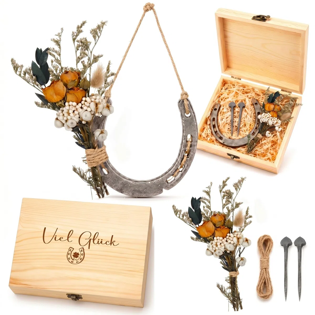 Hestya Hufeisen Glücksbringer Richtfest Geschenk Geburtstag Prüfung Glückshufeisen mit Viel Glück Holzkiste Hufeisen Deko Geschenk zum Einzug Hochzeit Einweihungsgeschenk Geschäftseröffnung