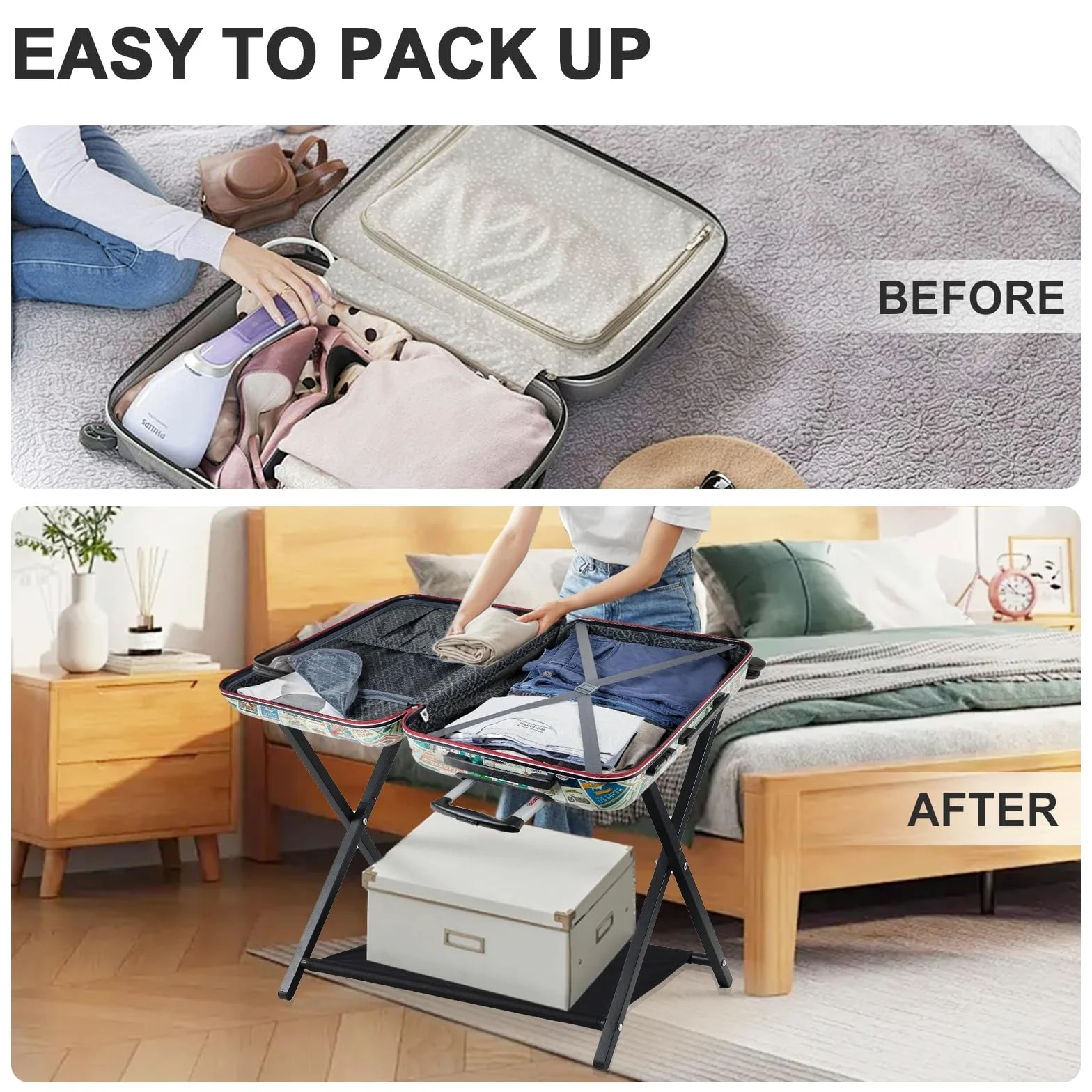 Möbel Kofferständer Luggage Kofferablage Kofferbock - 2 Pièce, Kofferständer Klappbar aus Bambus für Hotel Schlafzimmer, Gästezimmer, Metall verchromt, klappbar