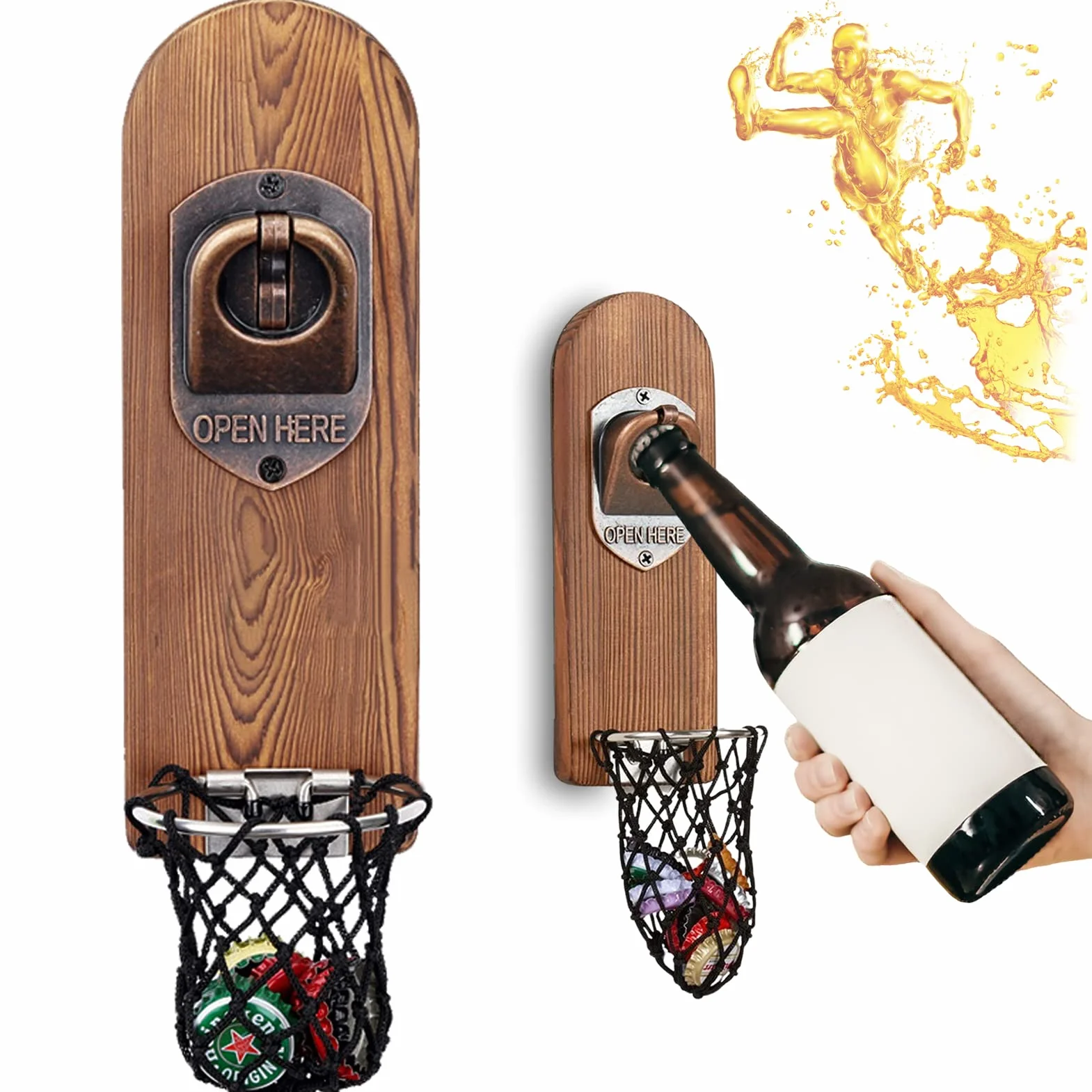 Bieröffner Wand mit Kronkorken Sammler, Magnetischer Flaschenöffner Wand, Wandflaschenöffner mit Auffangbehälter, Bier Geschenke für Männer, Papa, Ehemann, Bar Zubehör für Hause, Freien (Stil 3)