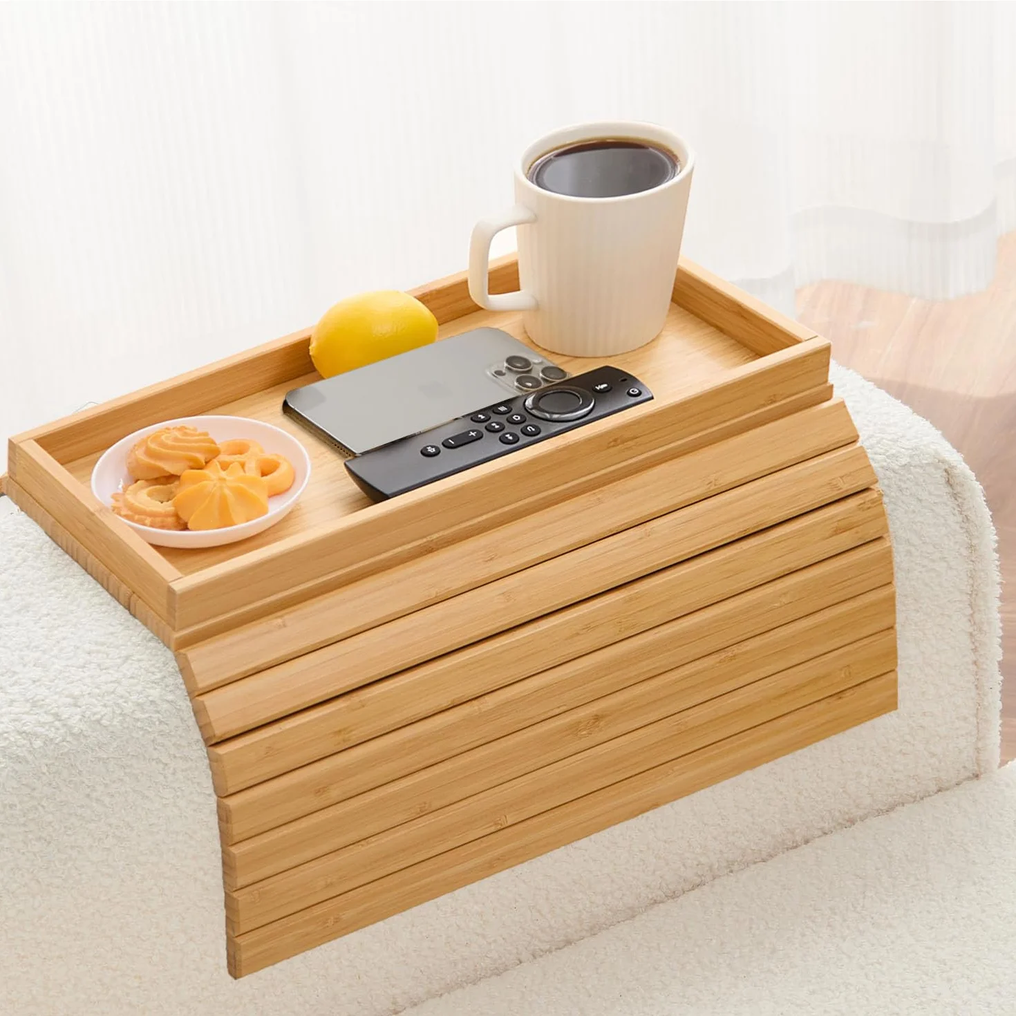 Sofatablett, Faltbares Bambus Rutschfester Couch Tablett, Armlehne, Couch Sofa Tisch für Snacks, Handy, Tassen