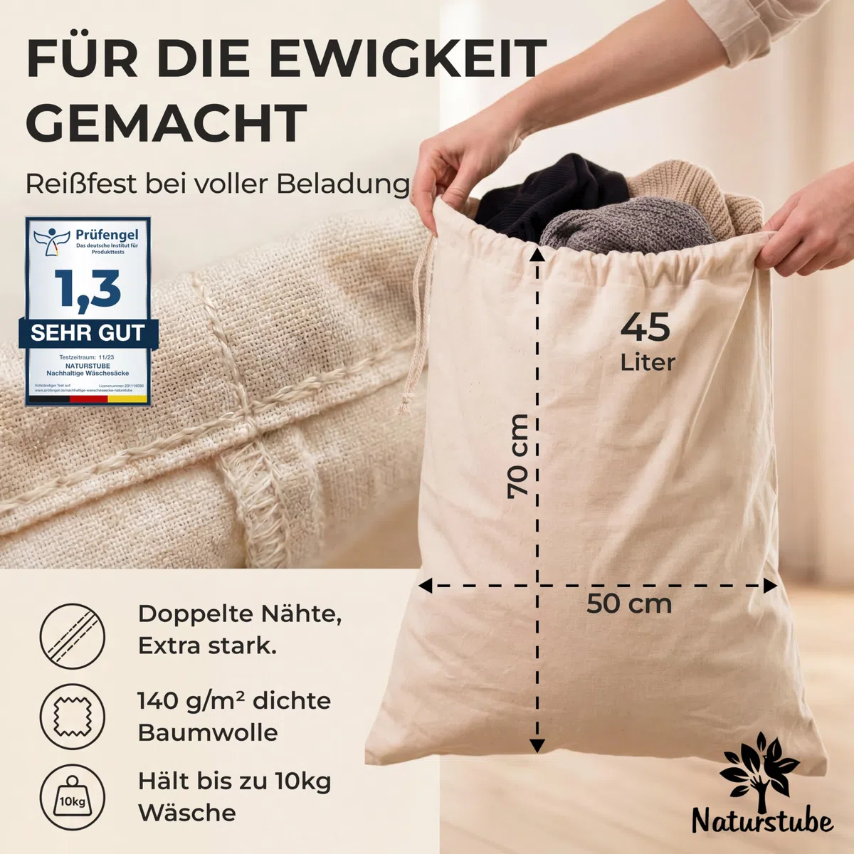 Wäschesack, 2er Set 50 x 70 cm - Strapazierfähige 45l Wäschebeutel Reise, 100% Baumwolle [Öko-Tex zertifiziert], Wäschesäcke, Stoffbeutel Groß, Laundry Bag, Schmutzwäschebeutel Reise