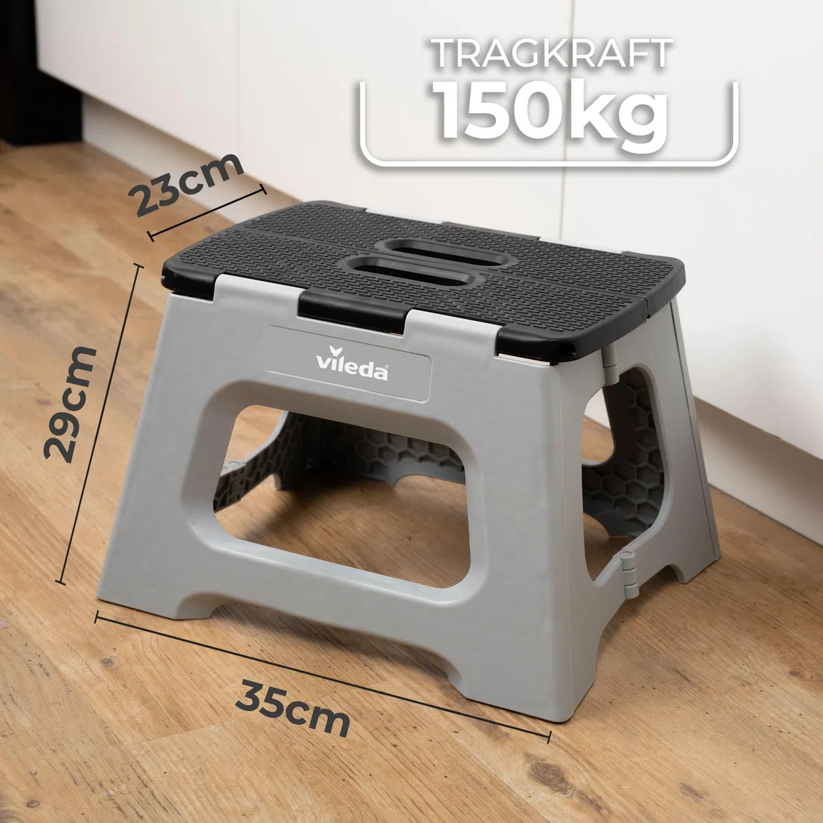 Vileda Tritthocker klappbar 23cm - für Erwachsene & Kinder bis 150kg - Inkl. Anti-Rutsch-Beschichtung - Klapphocker Faltbar 150 kg Ideal für Haushalt & Alltag - faltbarer Schemel