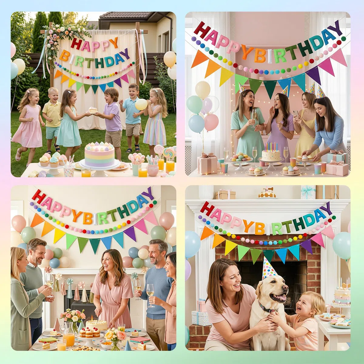OLANRUN Geburtstagsdeko, Mit Happy Birthday Felt Girlande Sign, Wimpelkette Geburtstag, Pompon Girlande, Wiederverwendbares Regenbogen Happy Birthday Party Deko Banner Für Mädchen Junge Frauen Mann