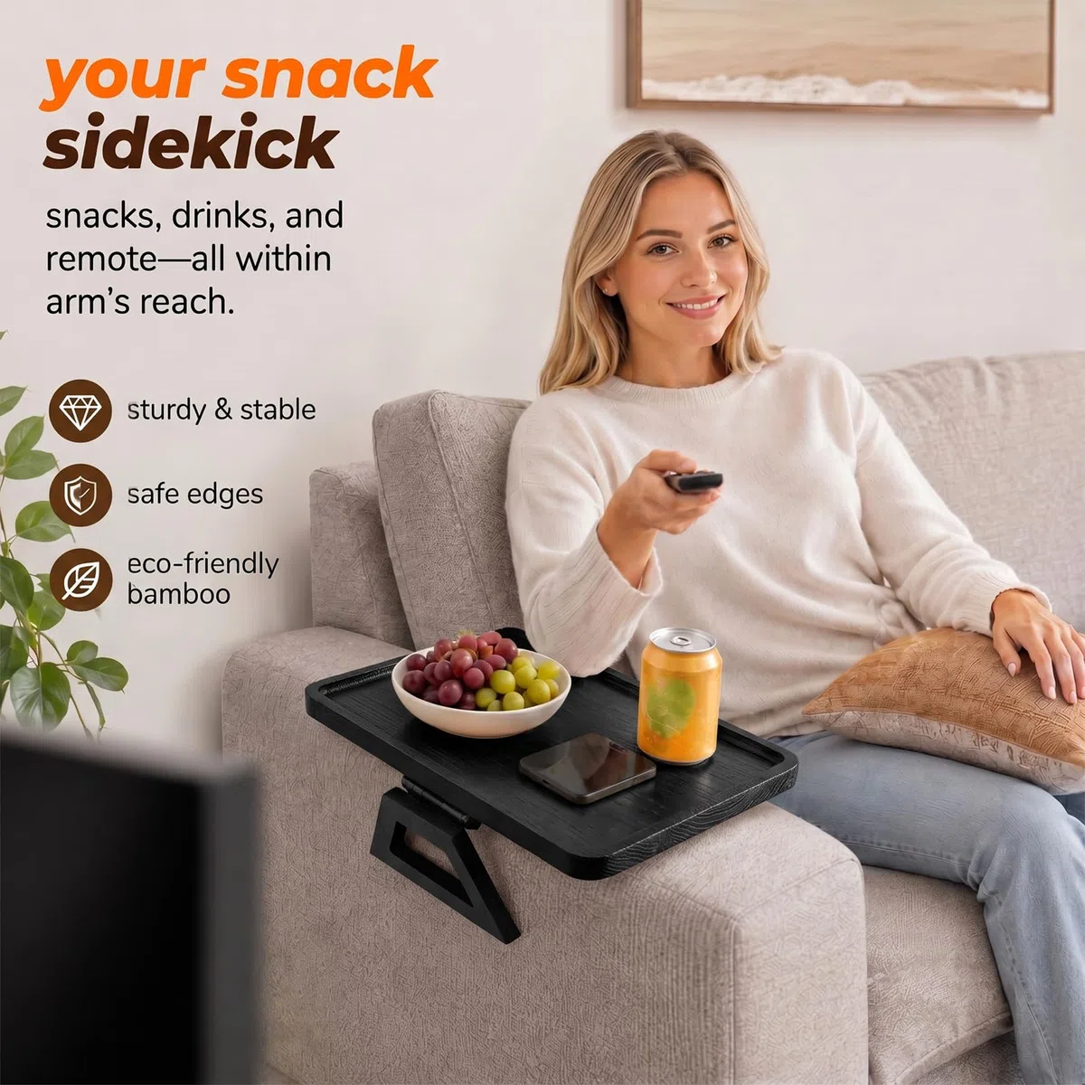 CEWROM Sofatablett Armlehne,Sofatablett - Couch Ablage flexibel für Armlehne, Festclip Couch Tablett Armlehnen Tray für Snacks,Handy,Control,Tassen, 24x34 cm, nachhaltiges Bambus Natur Groß (Schwarz)