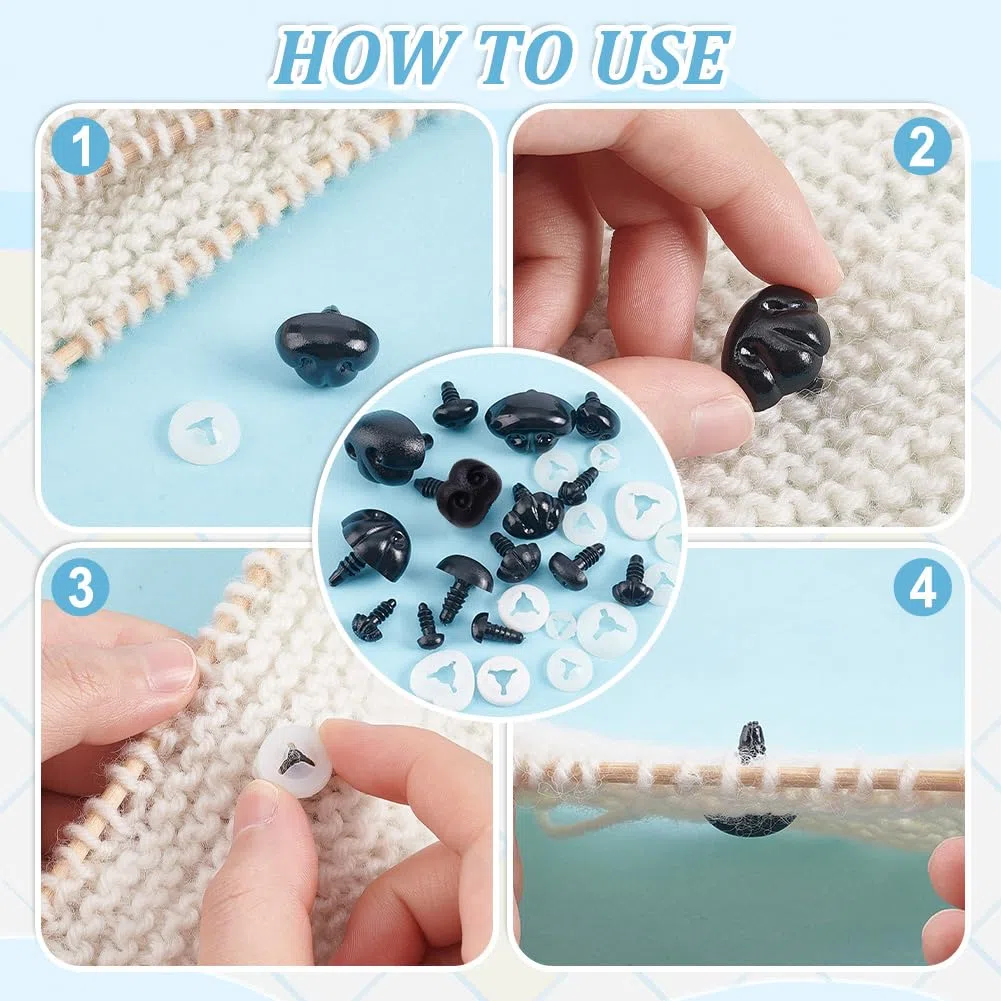PH PandaHall 120 Stück Schwarze Kunststoffnasen, 15 Größen Sicherheitsnasen mit Abstandhalter Teddybär Nasen zum Basteln Häkeln und Basteln mit Kuscheltieren, Stift: 4.5mm~6.5mm