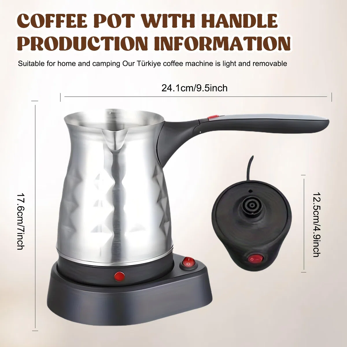 Elektrische Türkische Kaffeemaschine: 500ml 600W Edelstahl Türkischer Kaffeekocher mit Faltbar Handgriff, Mokkakanne Türkische Kaffeekanne Espressokocher für Reisen, Zuhause, Büro