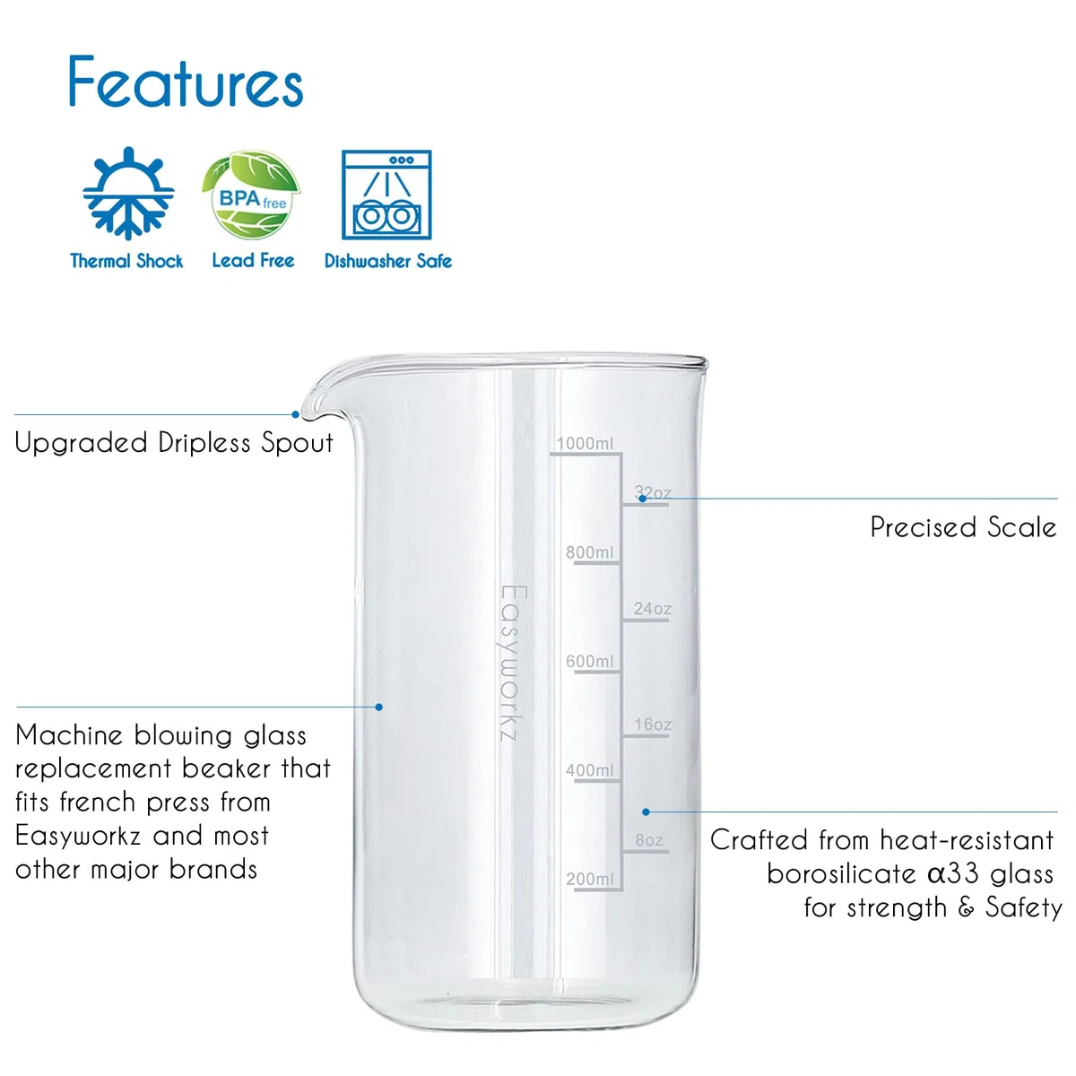 Easyworkz Ersatzbecher aus Borosilikatglas für 1000 ml French Press Kaffeemaschine