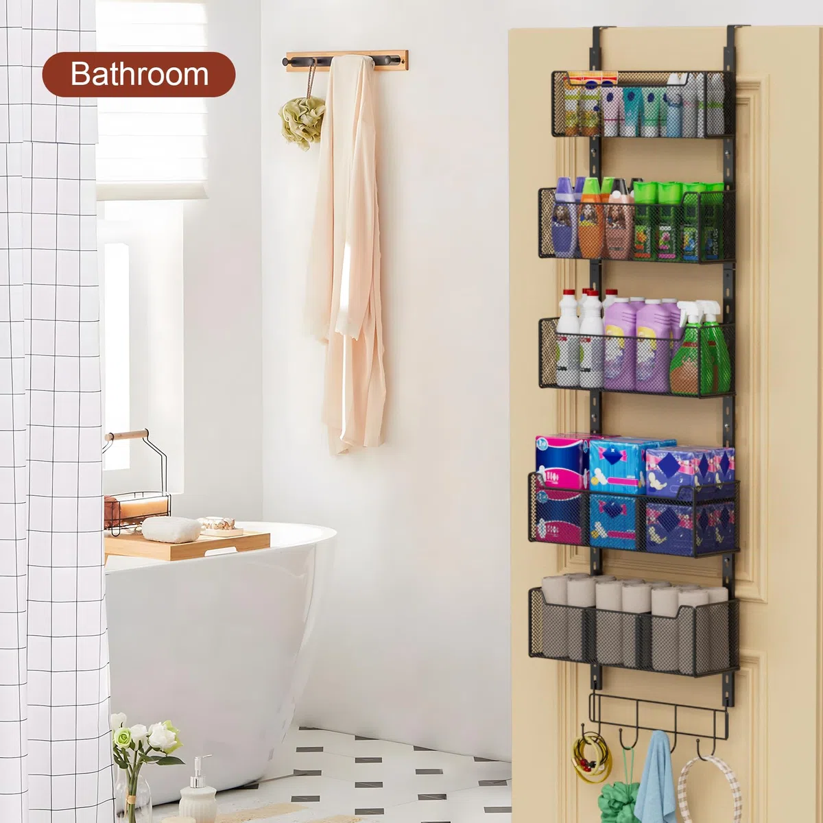 Über-der-Tür-Organizer, 5-stufig, 4 verstellbare Körbe und 8 Haken, freistehender Hänge-Organizer für die Tür, Aufbewahrung an der Türrückseite, geeignet für Küche und andere Räume, schwarz