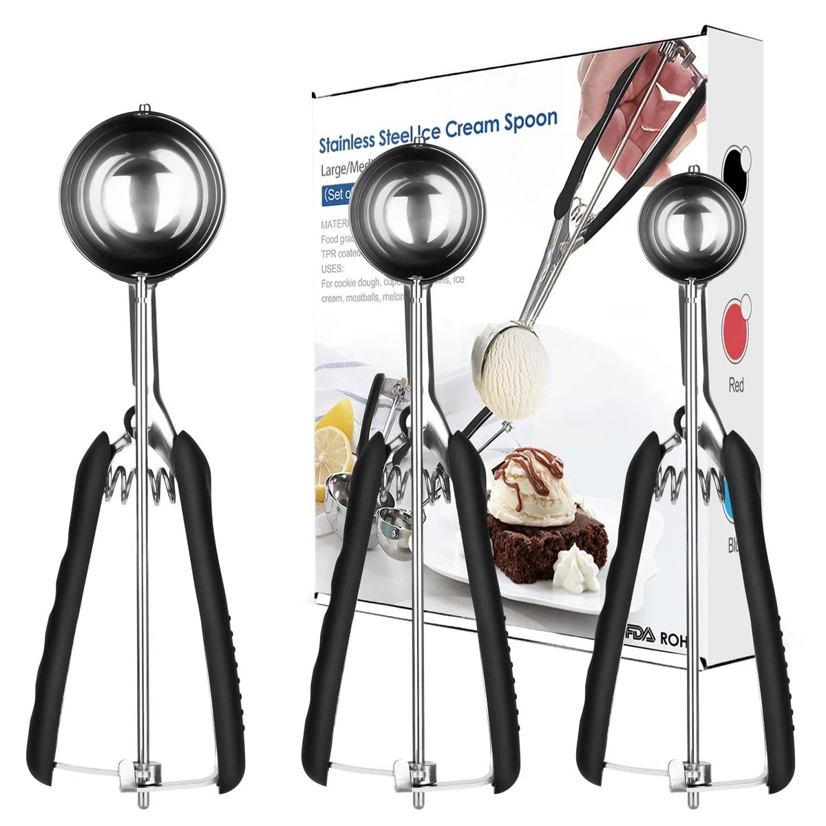 3 Stück Eisportionierer Set 304 Edelstahl für Eiscreme Melone Fleischbällchen Kuchen Teig Plätzchen Keksteig Reis 3 Größen Eisportionierer