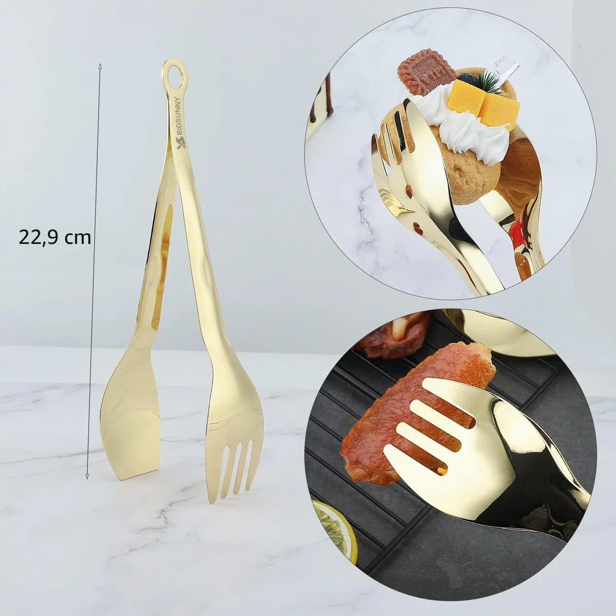 MSY BIGSUNNY 23cm Servierzange, Edelstahl-Metallzange zum Kochen, Grillen, Buffet, 2 Stück, Gold