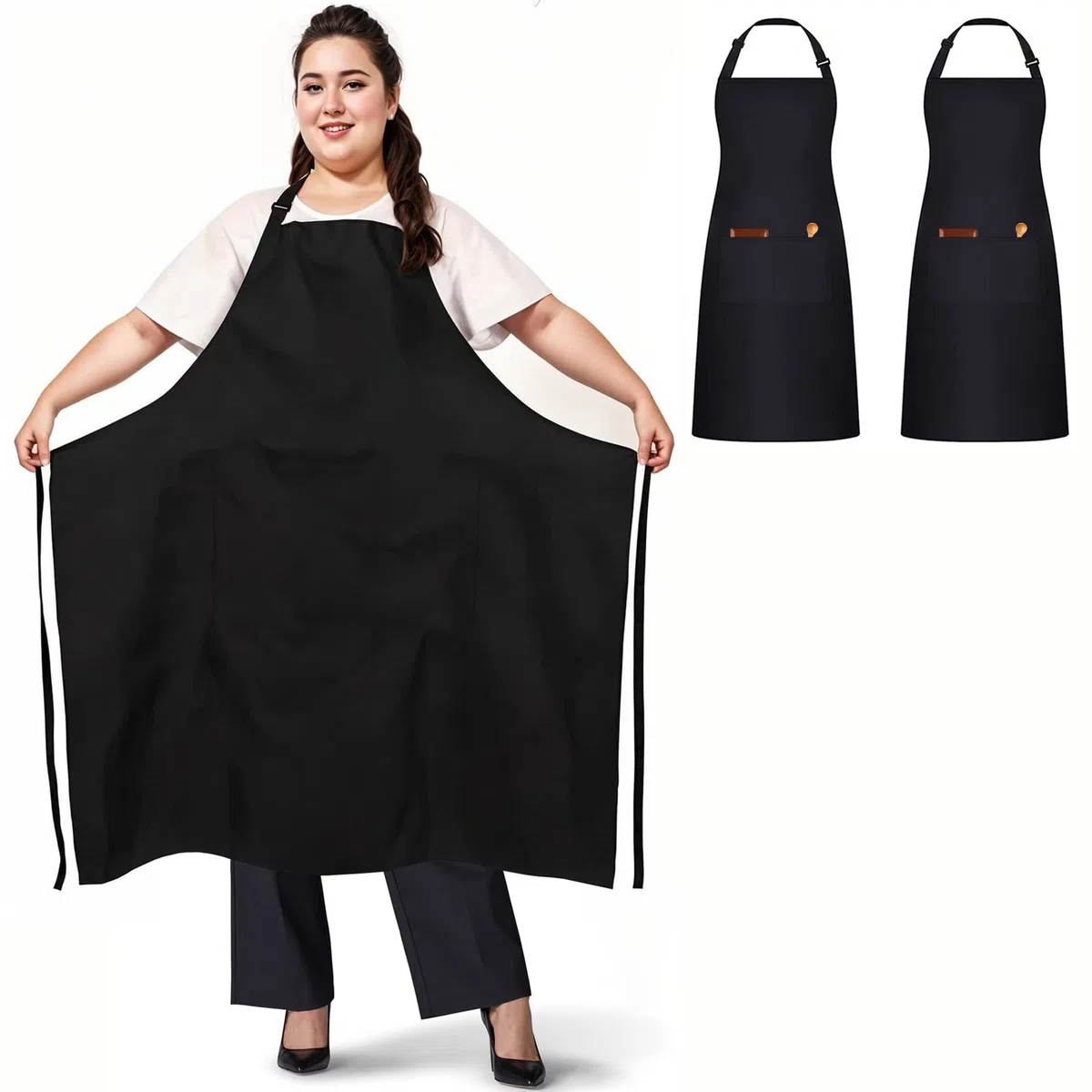2 Stücke Übergrößen Schürzen mit 2 Taschen, Verstellbare Kochschürze für Männer und Frauen, Große Arbeitsschürze für Gastronomie, Grill, Küche, Geschäft, Bistro, Bar, Café, Garten (Schwarz)