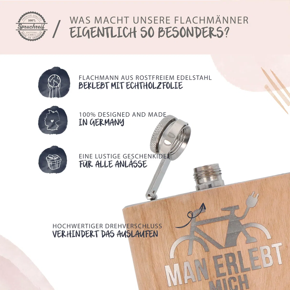 Spruchreif | Gravierter Edelstahl Flachmann | Holz Flachmann mit Gravur Fahrrad | Alkohol Flachmann | Outdoor Geschenk | Geschenk E-Bike | Geschenk für Radfahrer und Mountainbiker | E-Bike Geschenk